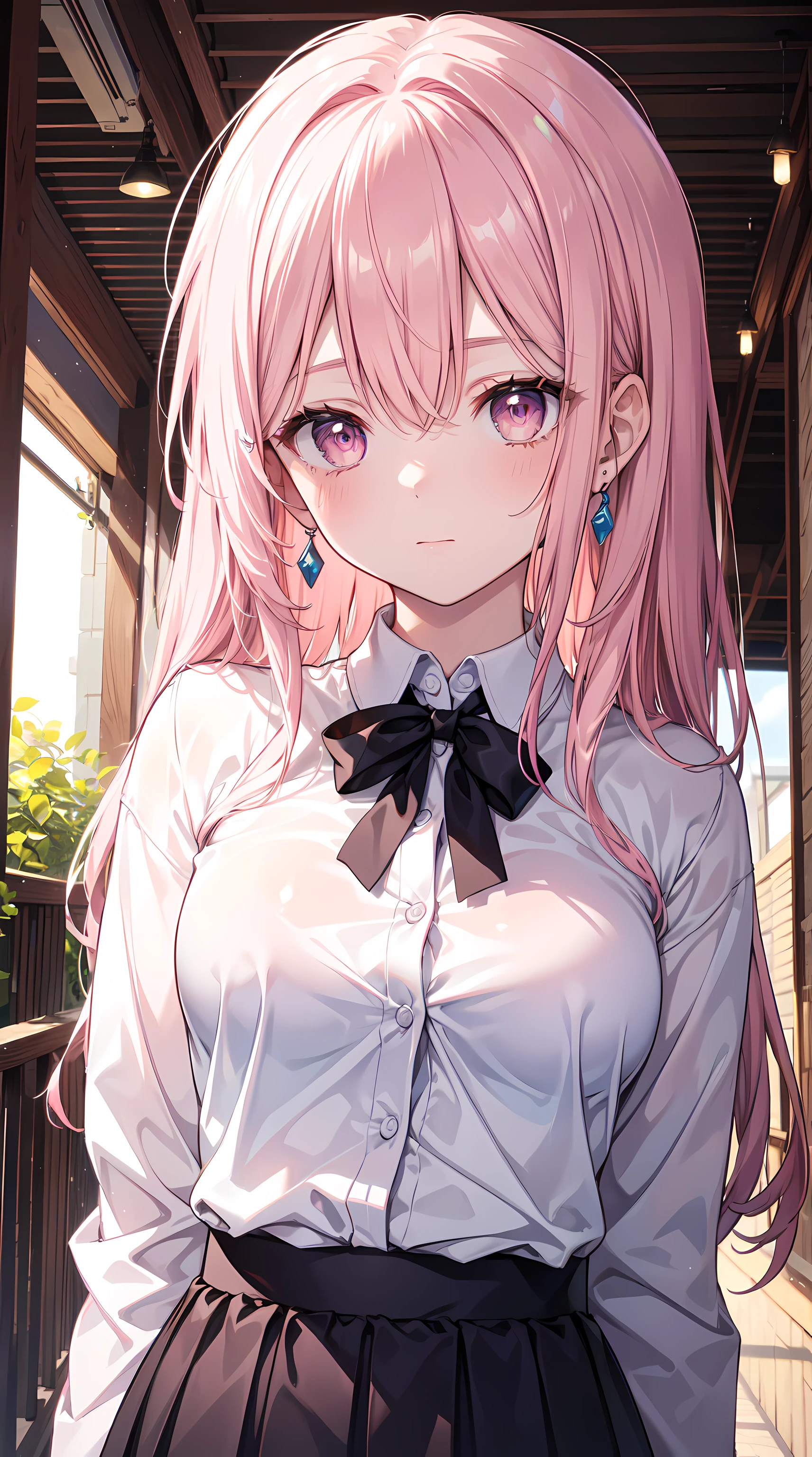 Anime girl with pink hair and black skirt standing in front of a ...