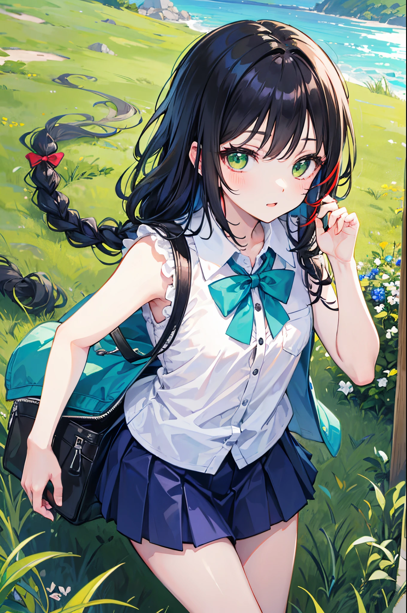Young woman with black hair with red highlights, 7 years old,small body;;;;;;;;;;, green eyes, long-haired,Green braid tied in bows left and right.........,, Wear a blue sleeveless shirt......button up. White short skirt, Walk on the grass with a slight smile on your face..................