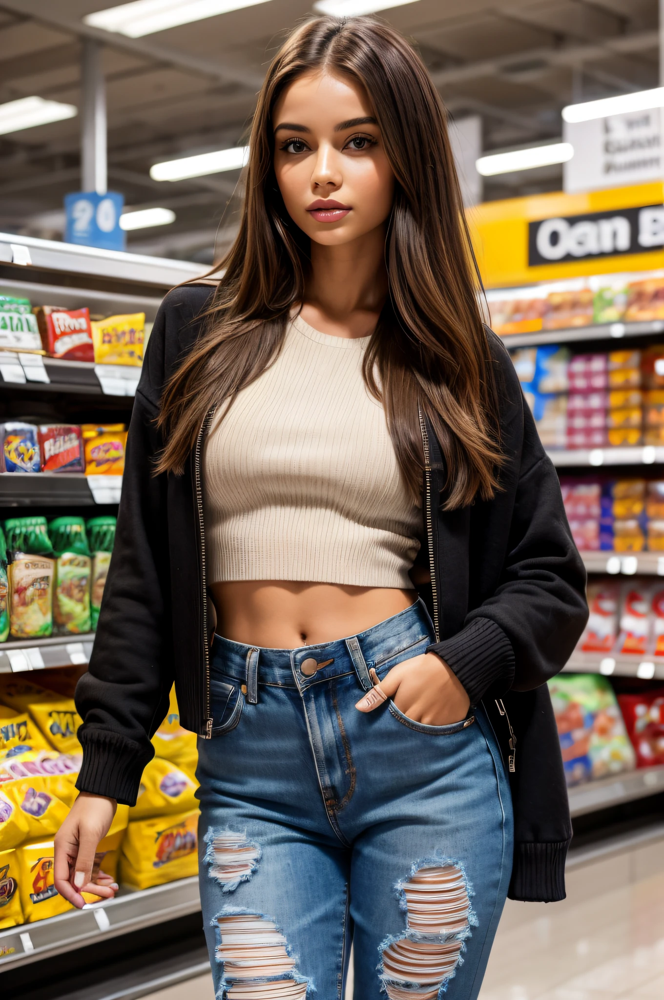 a beautiful woman with straight hair, wearing ripped jeans, wearing an open black Korean jacket, On his chest, a tattoo of a red dragon combined with bright green is clearly visible, the tail is in the center, mall cafe table background, 8K UHD picture, Realistic