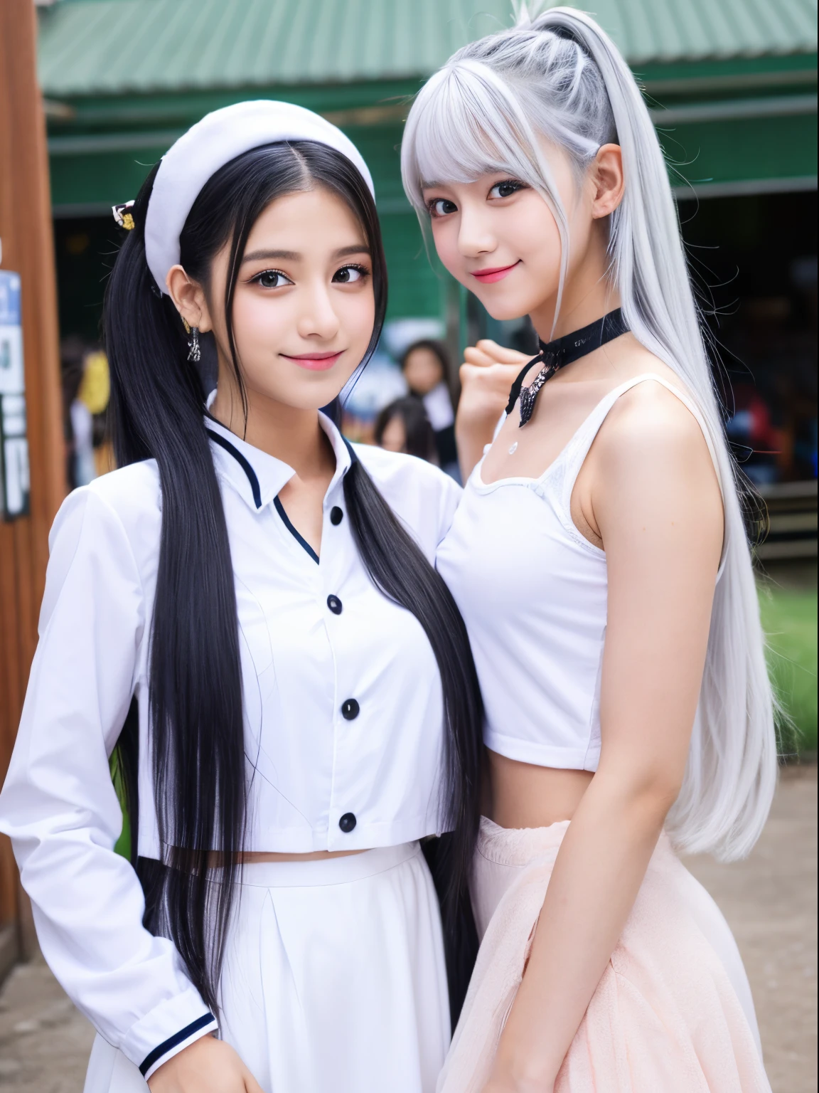 white  hair　Twin-tailed　doress　girl with　idol　VTuber　Standing Picture