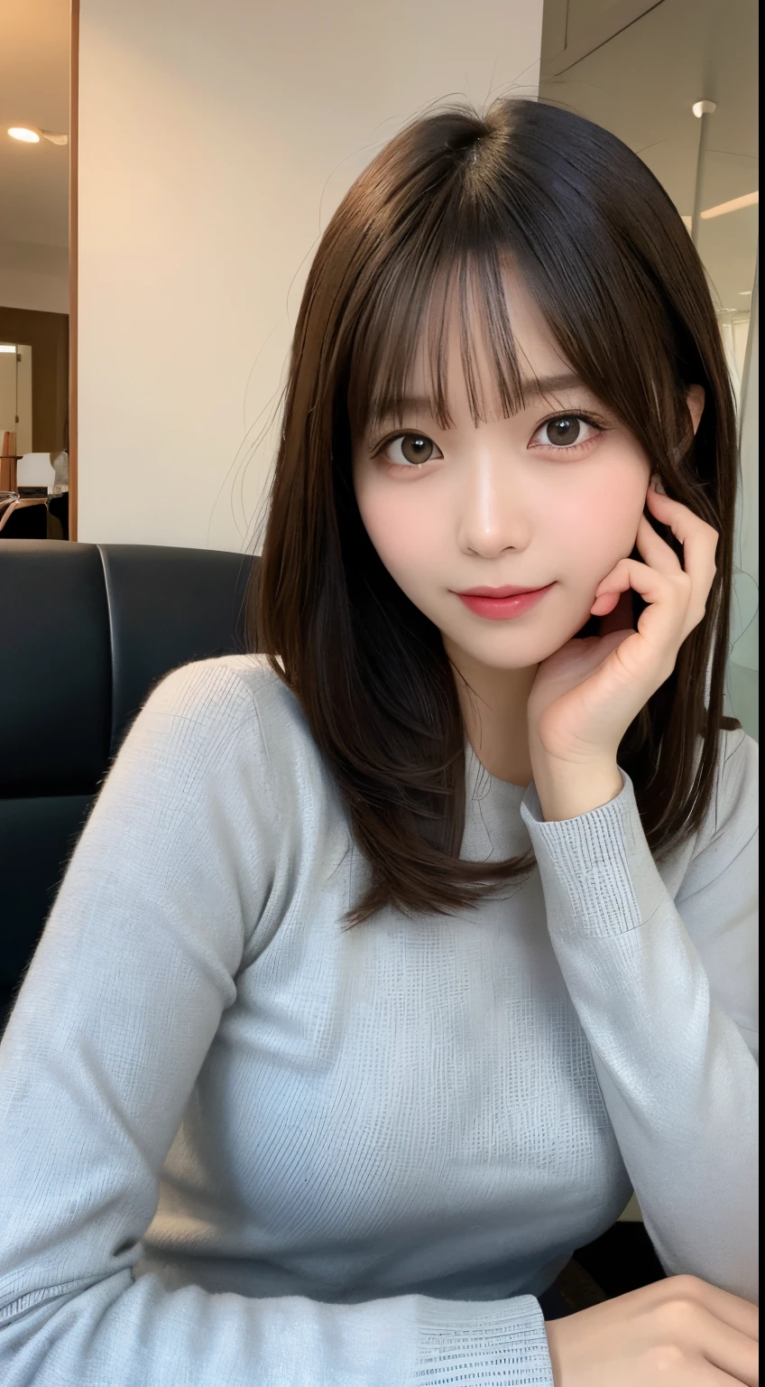 masutepiece, Best Quality, Illustration, Ultra-detailed, finely detail, hight resolution, 8K Wallpaper, Perfect dynamic composition, Beautiful detailed eyes, long sleeve casual office clothes,Medium Hair,small tits,Natural Color Lip, Bold sexy poses,Smile,Harajuku、20 years girl、Cute、Sexy shot looking at camera,Blur the background,beautifull detailed face，Take only the face