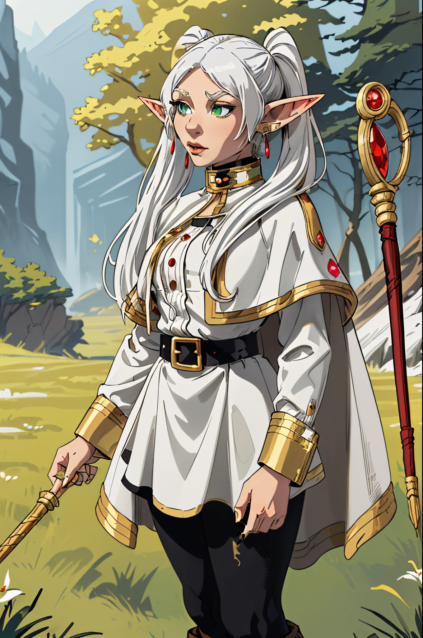 masterpiece, best quality,( Frieren: Beyond Journey’s End
) , (( a petite, female Elf with green eyes and long white hair tied into two pigtails. Like all Elves, she has large, pointed ears.

She wears a striped black and white shirt, along with a white jacket with gold embellishments tucked into a matching skirt with a black belt. Over her jacket, she wears a short white and gold cape with a high collar. She also wears black tights and brown boots, and a pair of gold and red earrings.)) perfect anatomy, FrierenBase, twintails, earrings, white capelet, striped shirt, white skirt, long sleeves, belt, black pantyhose, staff, holding staff, outdoors, forest,