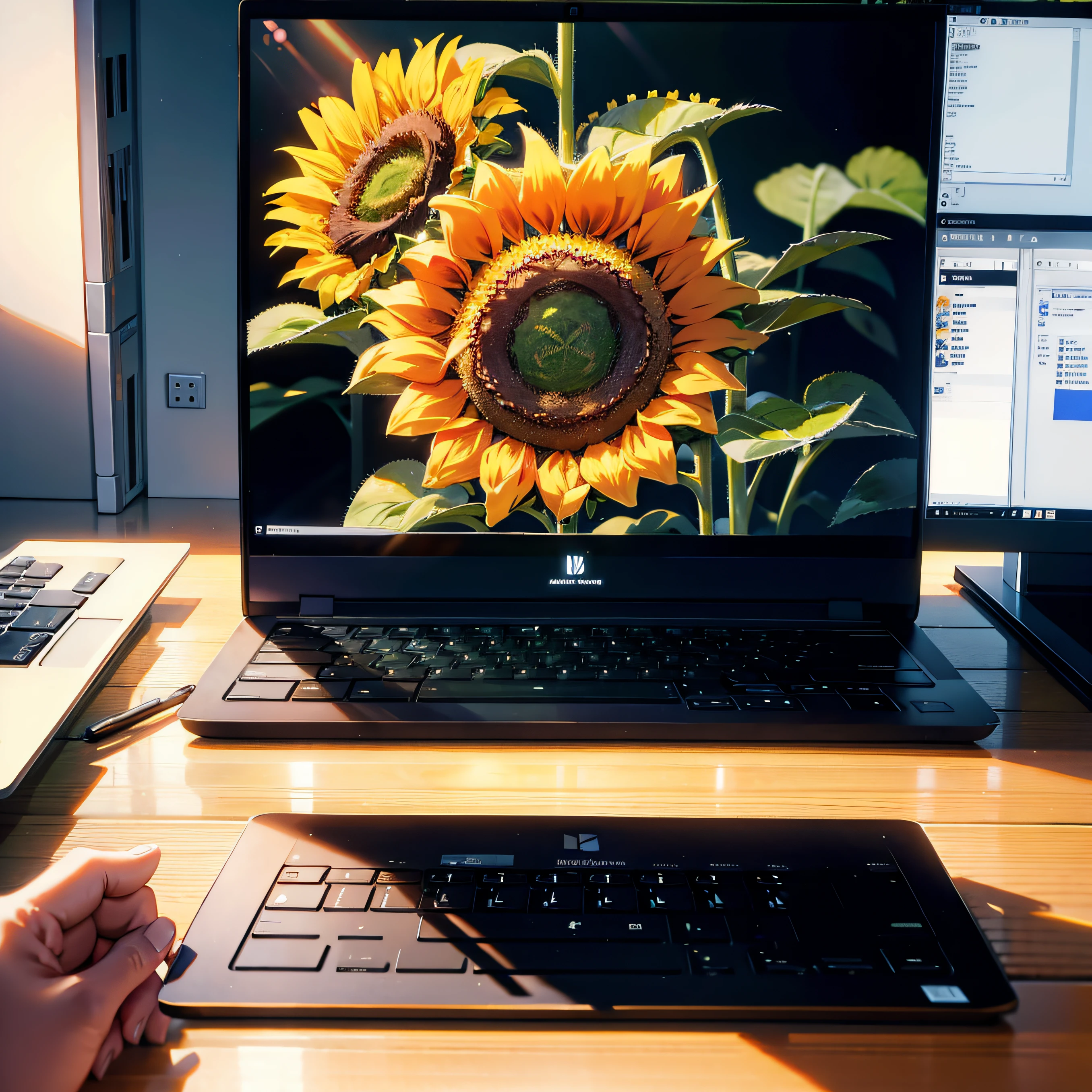 best composition、masutepiece、Realistic sunflower rendered on laptop monitor