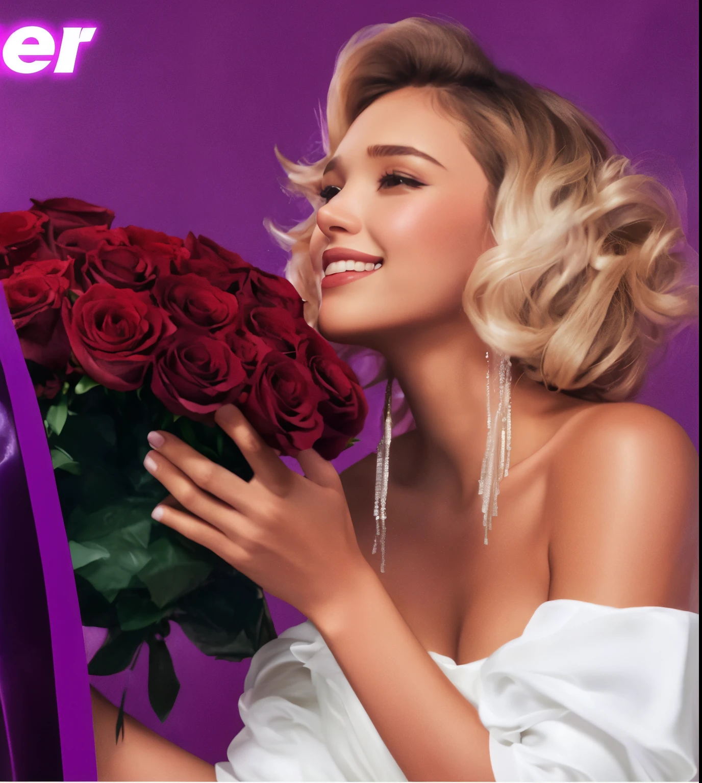 woman holding bouquet of red roses in front of purple background, There are flowers, alexis flower, promotional images, beauty campaign, carismatic, jessica alba woman, Cover shooting, banners, Face like ester exposed, magazine photograph, Inspired by Emil Lana, Astor, maxim magazine, Queen of Flowers