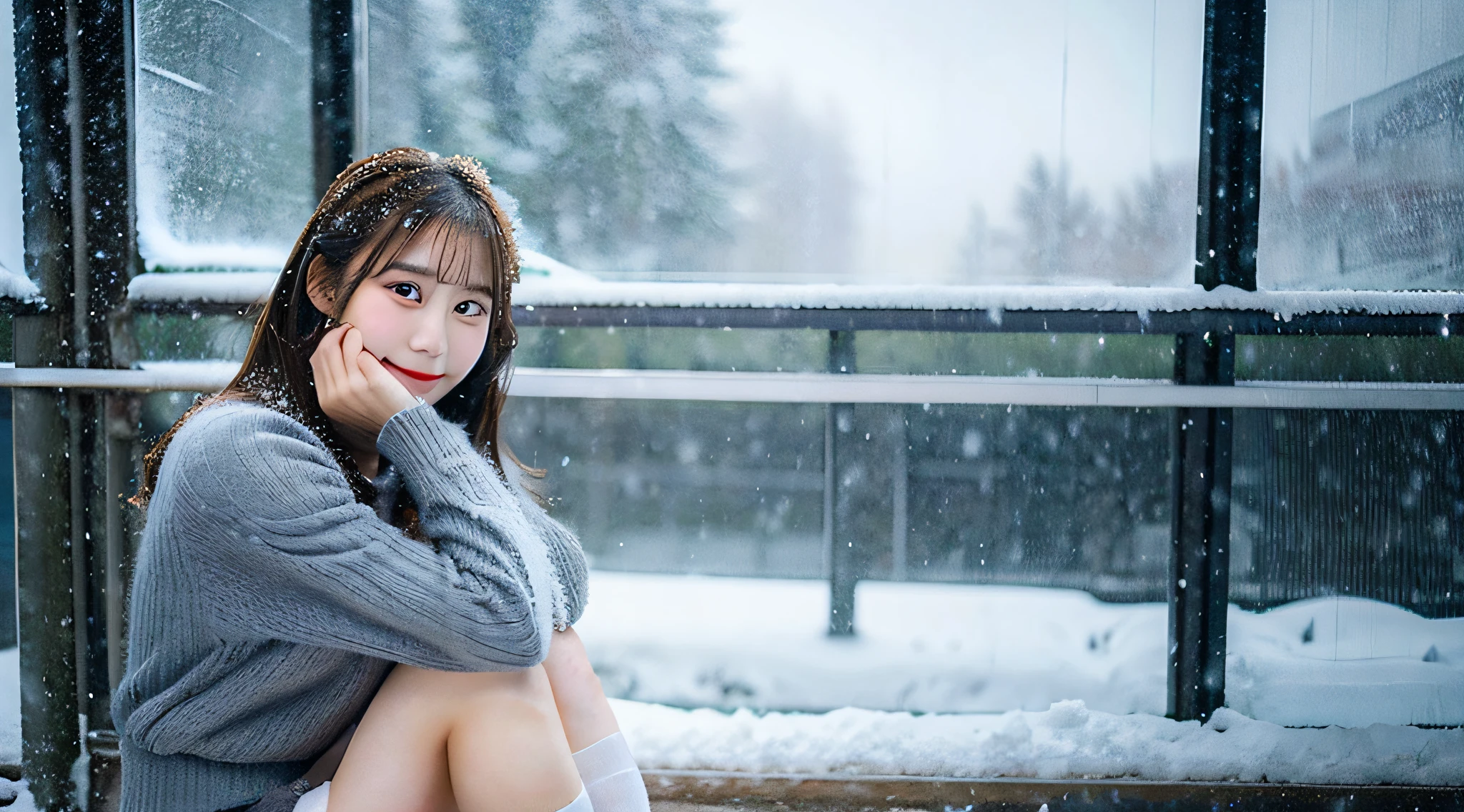 Cute high school girl, 18 years old, Wearing a gray miniskirt、tome'It's snowing outside