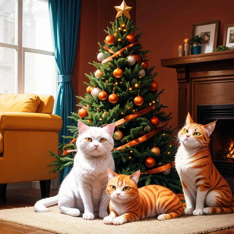 cute asian beauty、orange cat、Christmas tree、white cat