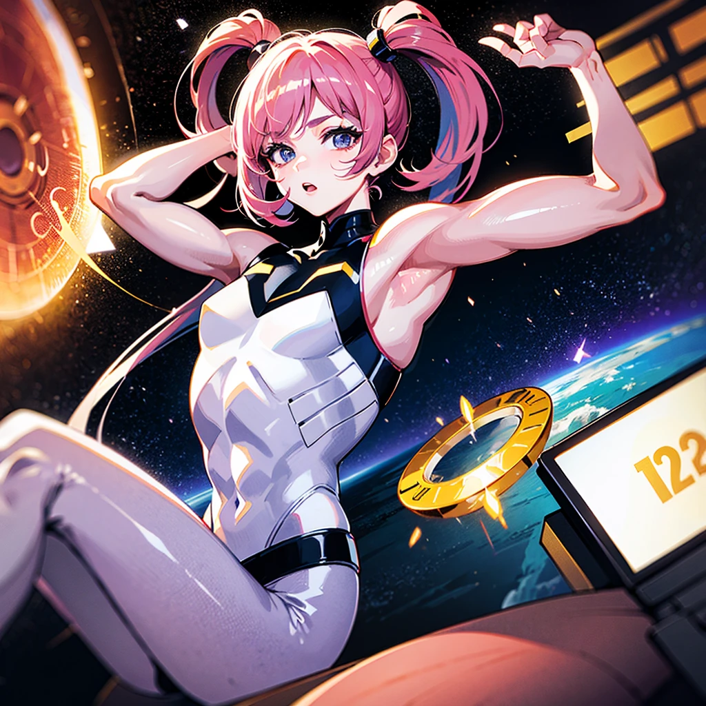 (((masterpiece)))、(((Top image quality)))、(((top-quality)))、((Illustration of one adult))、full bodyesbian、((25-years old))、((25-years old))、((The face is a woman、The body is a man))、((Twintails with pink hair))、Light gray eyes、((Tall))、((Flat))、(small tits)、((Muscular strong man's body))、((Muscular strong man's body))、((muscular chest plate))、abdominals、((muscular and thick arms))、((muscular and thick legs))、((manspreading))、opening legs、((White pilot suit))、((Inside the cockpit))、(The Universe on the Monitor、Earth seen from space、Spaceport)