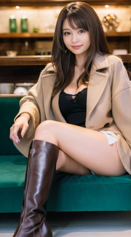 (Photorealistic), (ultra high realistic), (Ultra high definition), (ultra high detailed), (Increase contrast), (Increase saturation), ( girl), (light skinned)A pretty woman with perfect figure, Cute face, Beautiful expression, (Lifelike face), Beautiful hairstyle, Realistic eyes, beautiful detail, (real looking skin), Beautiful skins, enticing, The ultra -The high-definition, A hyper-realistic, Realistic, Very detailed, Japanese, semi long hair, bangss), (Cute idol with Japan walking in light brown wool coat and knee-high boots, Tartan check)((very short shorts)) Gentle smile, Brown hair, ( earrings ), (super model figures below:1.3, Stylish coffee shop、The cleavage is boldly visible、beutiful breast、thin-waist、Sitting on a low sofa、Angle up to the knee