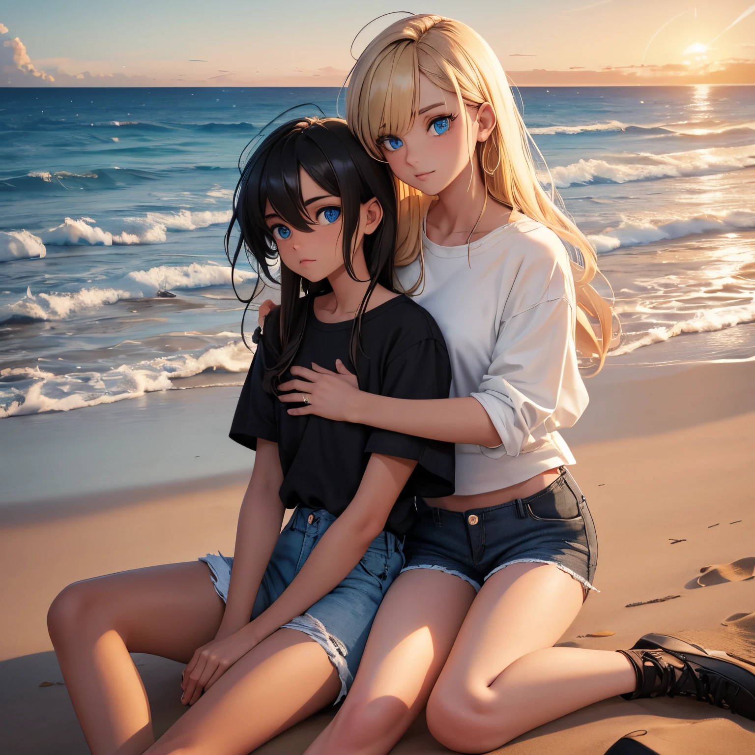 2 people sitting on the beach in the sand with a sunrise in the background one is a boy with blue eyes and black feathered hair he is wearing black ripped jeans and a white shirt next to him is a girl with long brunette hair with blonde highlights and green eyes she is wearing black ripped jean shorts and a red sweater the picture is in a realistic animation