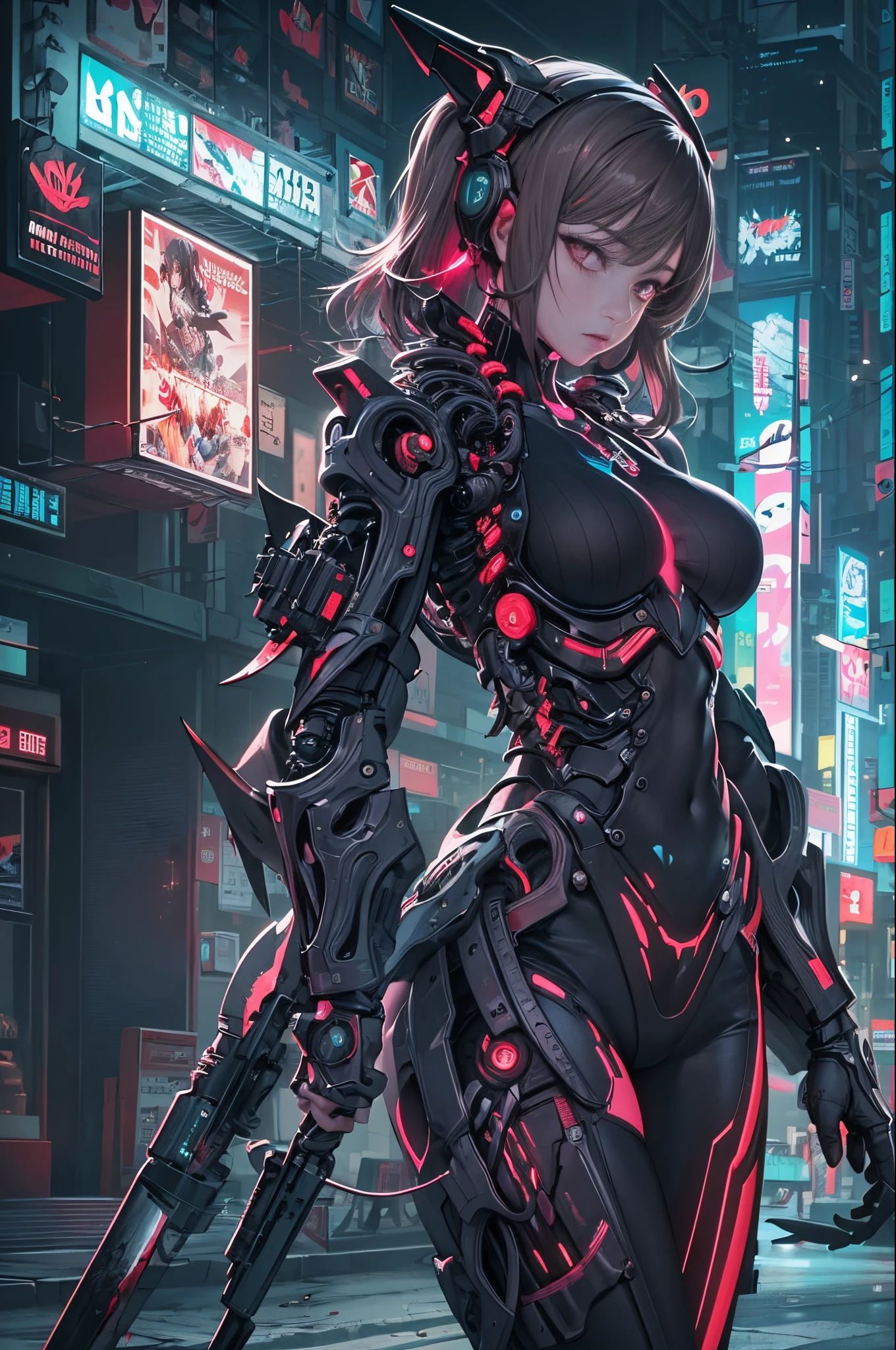 (mtu)quality, tmasterpiece, 超高分辨率, ((Photorealsitic: 1.4), RAW photogr, brunette color hair, Crust, 1 robot, (Ultra-realistic details)), globalillumination, shadowing, rendering by octane, 8K, Super sharp,exposed face, metals, Intricate decorative details, egypician detail, very complex details, realistic light, CG trends, in front of camera, neon light detail, Mechanical limb, blood vessels attached to the tube, Mechanical vertebrae attach to the back, Cervical spine mechanical fixation in the neck, wires and cables connecting to head, Shin Evangelion, Small bright LED light, (Dazzling cyberpunk cityscape in the background)Close-up of a fierce warrior,Two swords soaked in blood, anime cyberpunk art, cyberpunk anime art, anime figure; Full-body art,Improved Cyberpunk, digitl cyberpunk - anime art, Cyberpunk Anime Digital Art, an oppai cyberpunk, cyberpunk theme art, cyberpunk artstyle,Cyberpunk anime experienced, Cyberpunk art of a, cyberpunk horror style