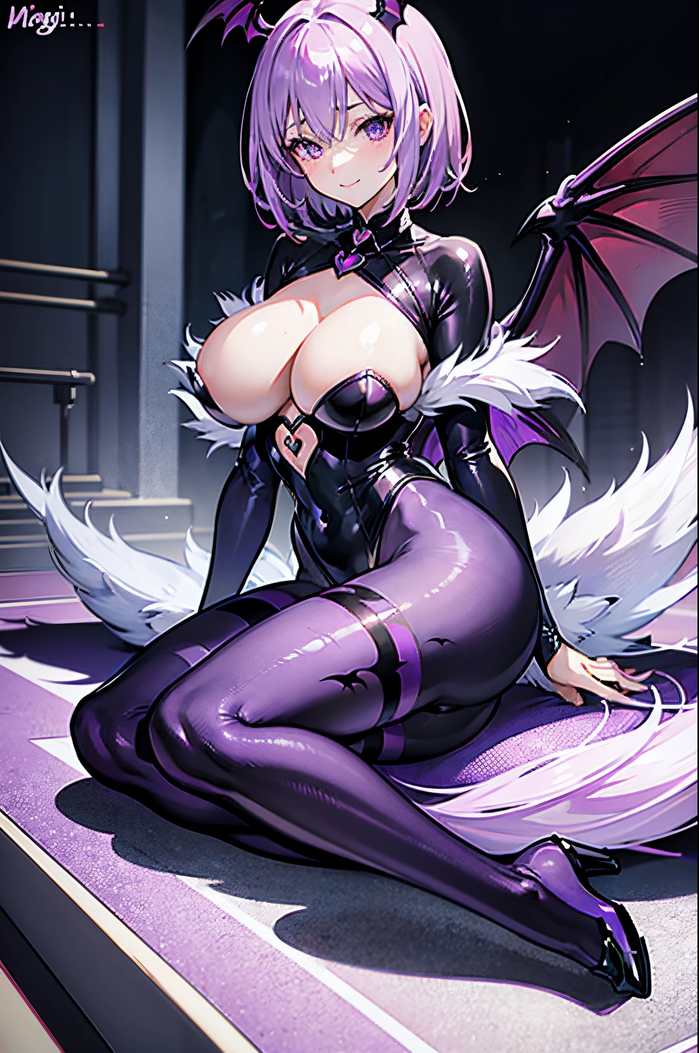 Carefully draw the face High-quality faces in anime style Lilac short bob huge tit Big ass Whip thighs Black full body suit Bat-print purple pantyhose seductiv a smile Morrigan Aensland Prone