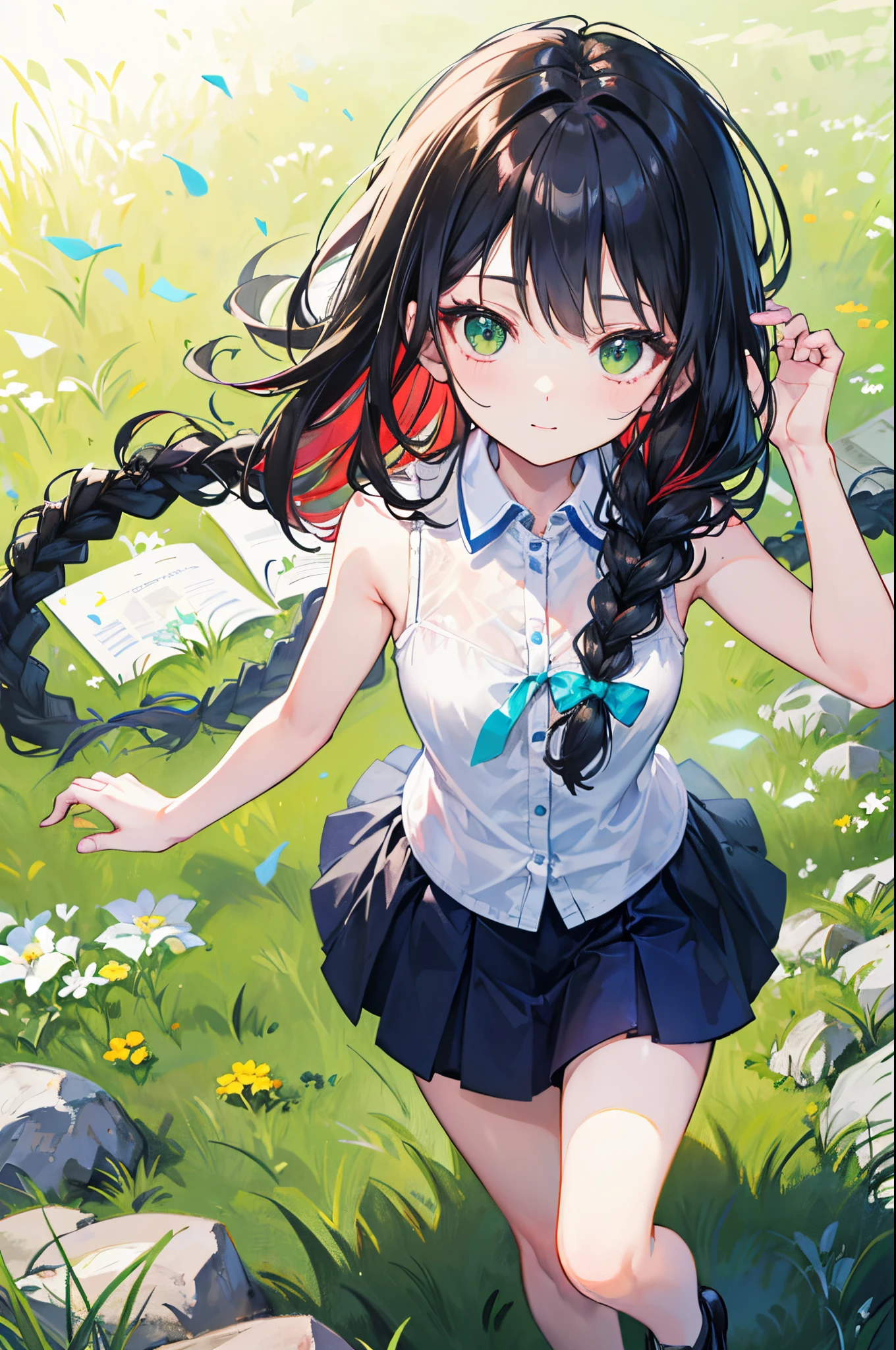 Young woman with black hair with red highlights, 7 years old,small body;;;;;;;;;;, green eyes, long-haired,Green braid tied in bows left and right.........,, Wear a blue sleeveless shirt......button up. White short skirt, Walk on the grass with a slight smile on your face..................