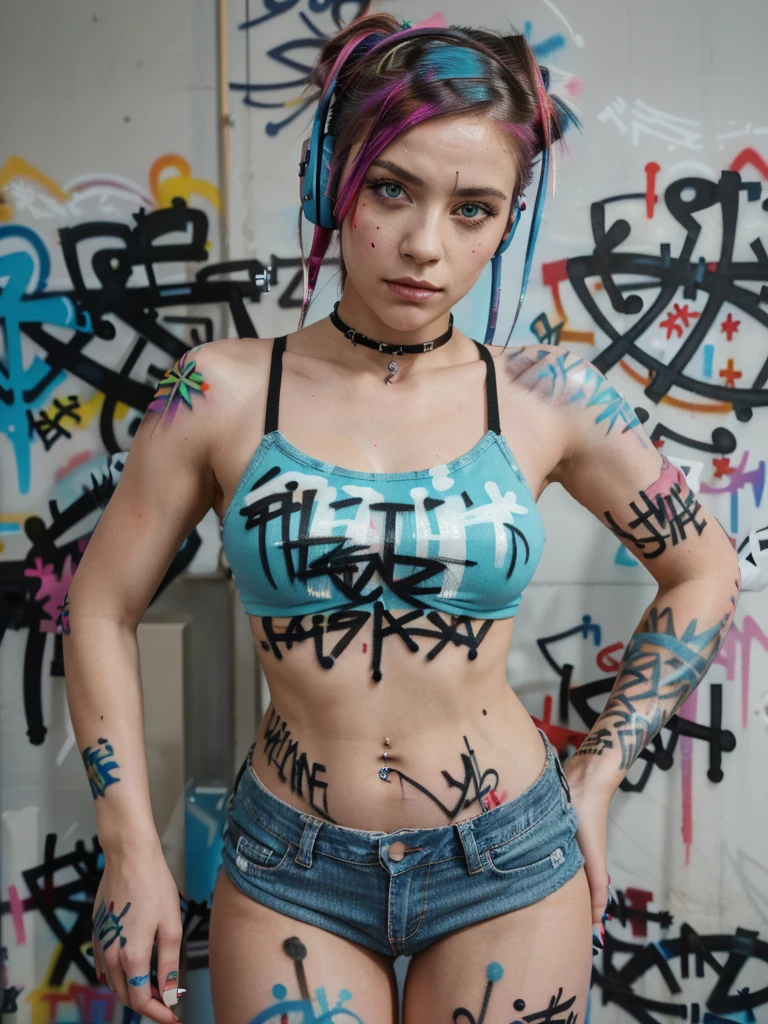 masterpiece, best quality, 1 indian girl, big breasts , solo, full sleeve blouse, denim shorts, choker, (graffiti:1.5), paint splatter, arms behind back, against wall, looking at viewer, armband, thigh strap, paint on body, head tilt, bored, multicolored braid hair, aqua eyes, headset,