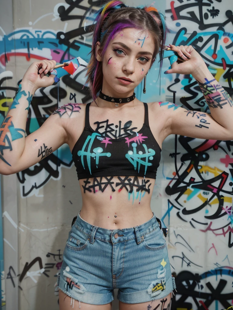 masterpiece, best quality, Tia is shown to have a fairly slender figure. She has white-grey hair , she has short hair and large pale green eyes, crop top, denim shorts, choker, (graffiti:1.5), paint splatter, arms behind back, against wall, looking at viewer, armband, paint on body, head tilt, bored, headset,