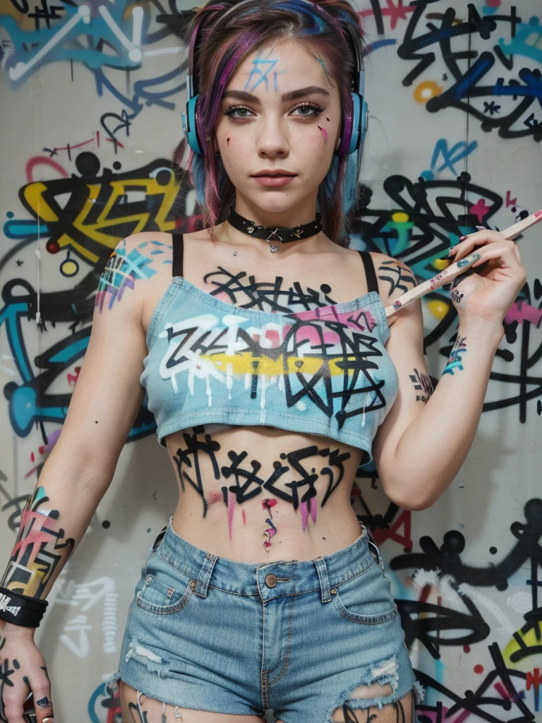 ((zoom in) Create a scene of a large wall painted with colorful paints simulating tattoos illuminated with neon by drawing the title Ai, ai my love