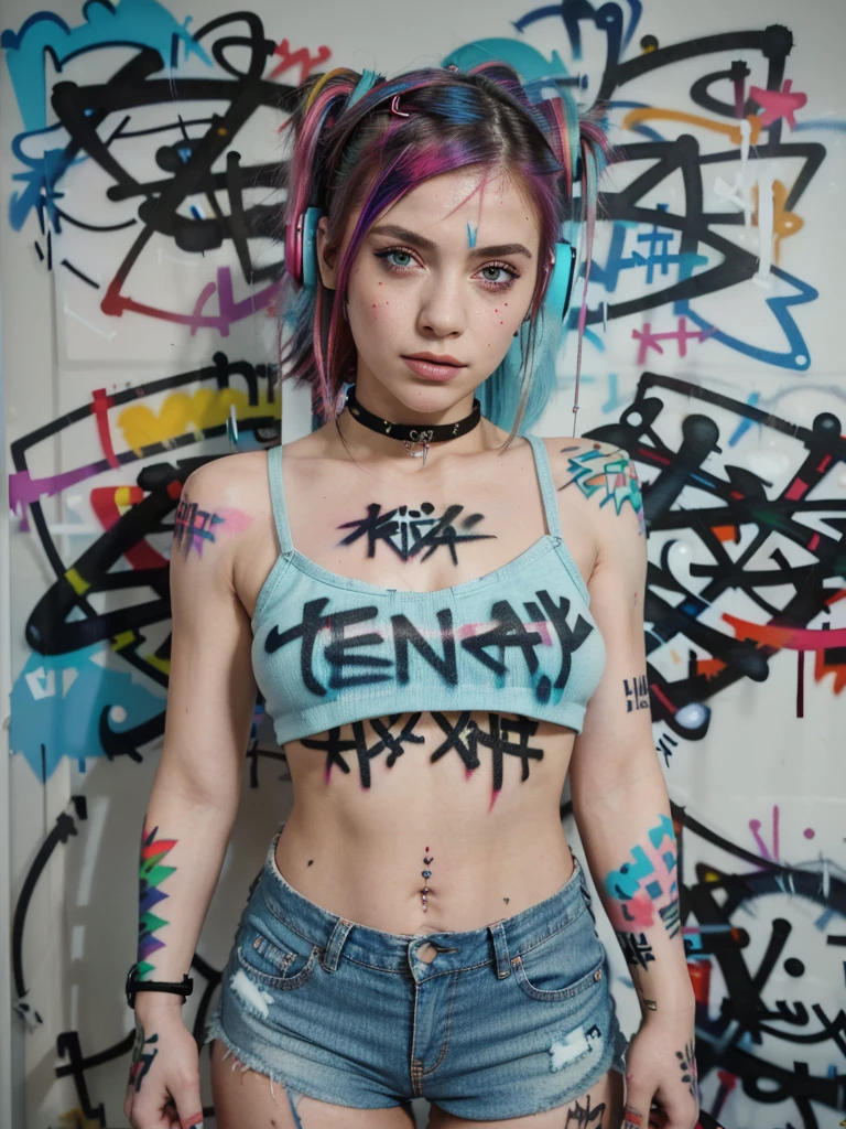 masterpiece, best quality, 1girl, solo, crop top, denim shorts, choker, (graffiti:1.5), paint splatter, arms behind back, against wall, looking at viewer, armband, thigh strap, paint on body, head tilt, bored, multicolored hair, aqua eyes, headset,