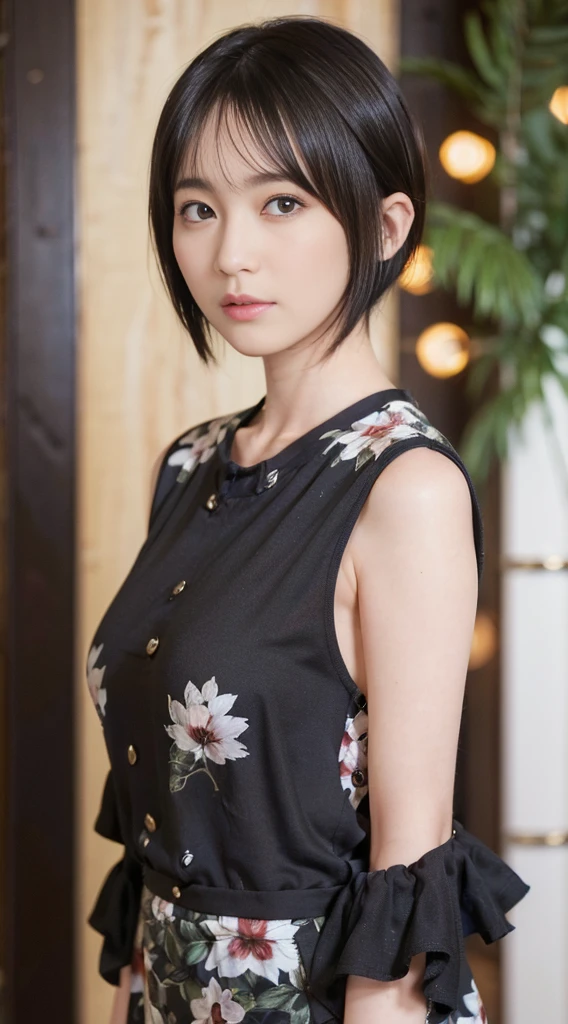 60
(a 20 yo woman,is standing), (A hyper-realistic), (masutepiece), ((A dark-haired、short-hair:1.3)), (Breast), Gentle expression, (Clothing printed with wild animal characters)