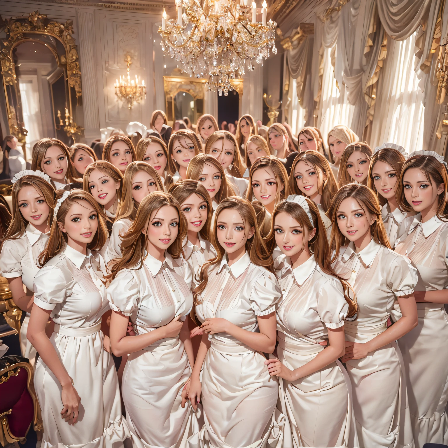 Award Winning Photograph, ((Thousands of, millions of, crowd of)), of gorgeous women, wearing identical maid uniforms, inside mansion, Kodachrome, highly detailed, (perfect faces, highly detailed faces, perfect eyes), different hair colors, different body types, ((cute faces)), looking at viewer, innocent smiles, playful, cheerful, show tits, show breasts, smiling,