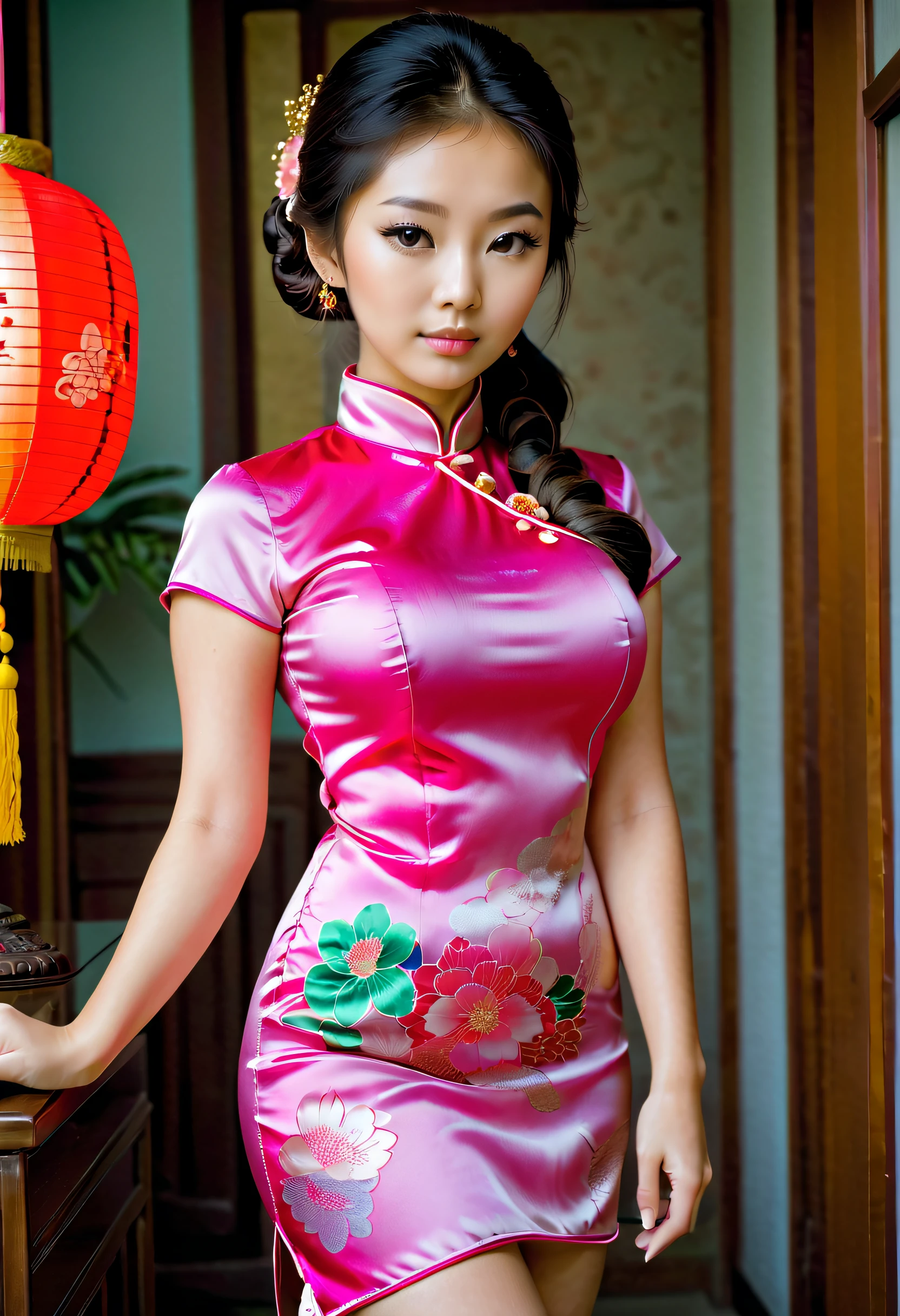 Beautiful Asian 16 year old in tight silk qipao, large breasts,