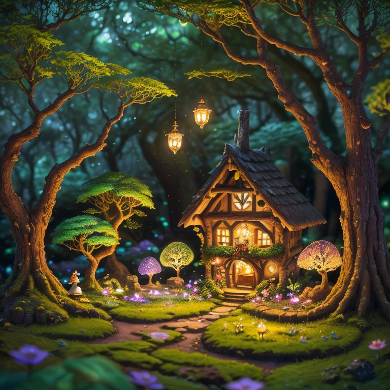 In a secluded glade nestled within an ancient forest, a charming fairy village comes to life, luminescent dwellings adorned with petals and leaves dot the landscape, while tiny pathways wind through the verdant surroundings, sparkle, glowing light, super detail, highres, best quality, 16k, (Surreal,A high resolution,4K,tmasterpiece:1.2),(vivd colour,bokeh,Artistic lighting)