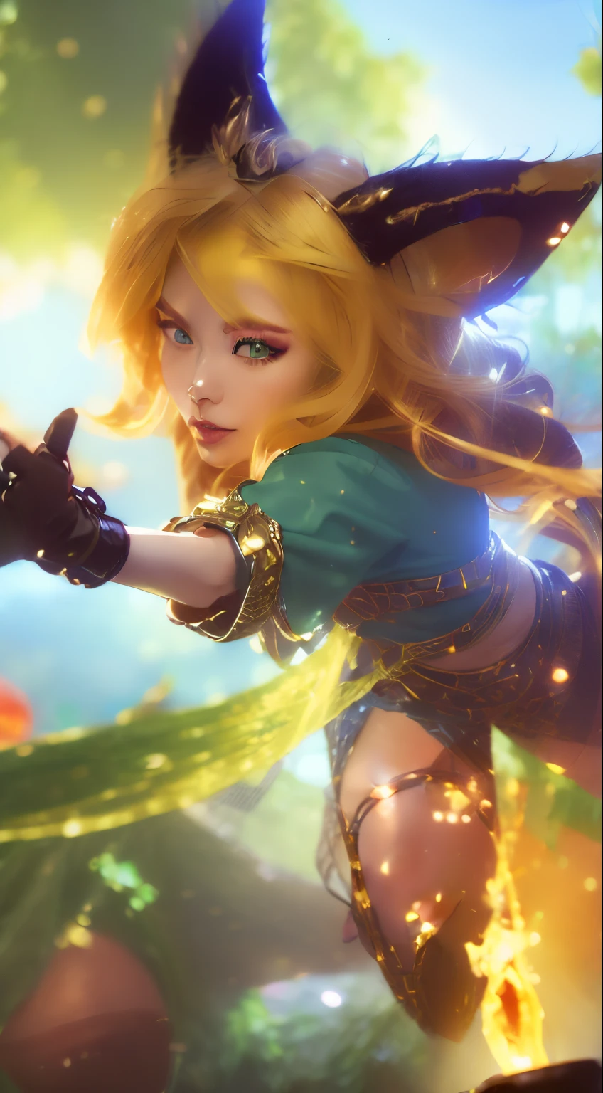 ((Best Quality, 4K, Masterpiece: 1.3)), (Detailed: 1.4), Reality, 1girl, a close up of a girl with a cat ears and a green shirt, qiyana, style league of legends, tane skin, zenra taliyah, mobile legends, youthful taliyah, senna from league of legends, style artgerm, a blonde emerald warrior, freya, A woman with Blonde hair & flame on the foot, with glove, big eyes, perfect eyes, beauty smile, open mouth, 4K, HD, Ultra Realistic, extremely detailed, tfft, A woman with bag in back, nice Thigh