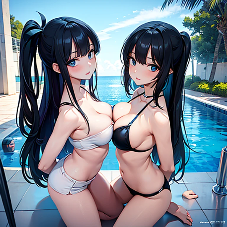 (Best Quality)), ((Masterpiece Art)), A trick for flawless beauty, (high resolucion), Very reduced 8K , a flawless face, perfect eyes, Symmetrical body shape,Black hair, black bikini, blue hot pants, large full breasts, sexual intercourse, Sexual attractiveness, hentai, NSFW, pool, 1 girl