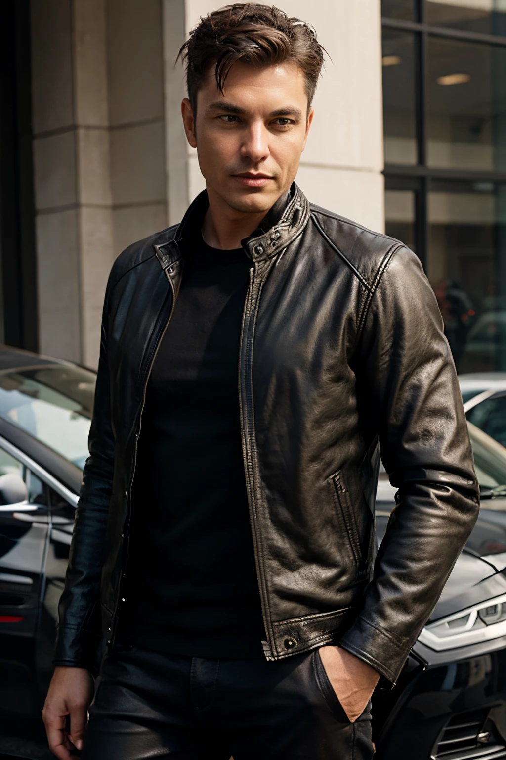 Leather jacket with Tesla branding elements