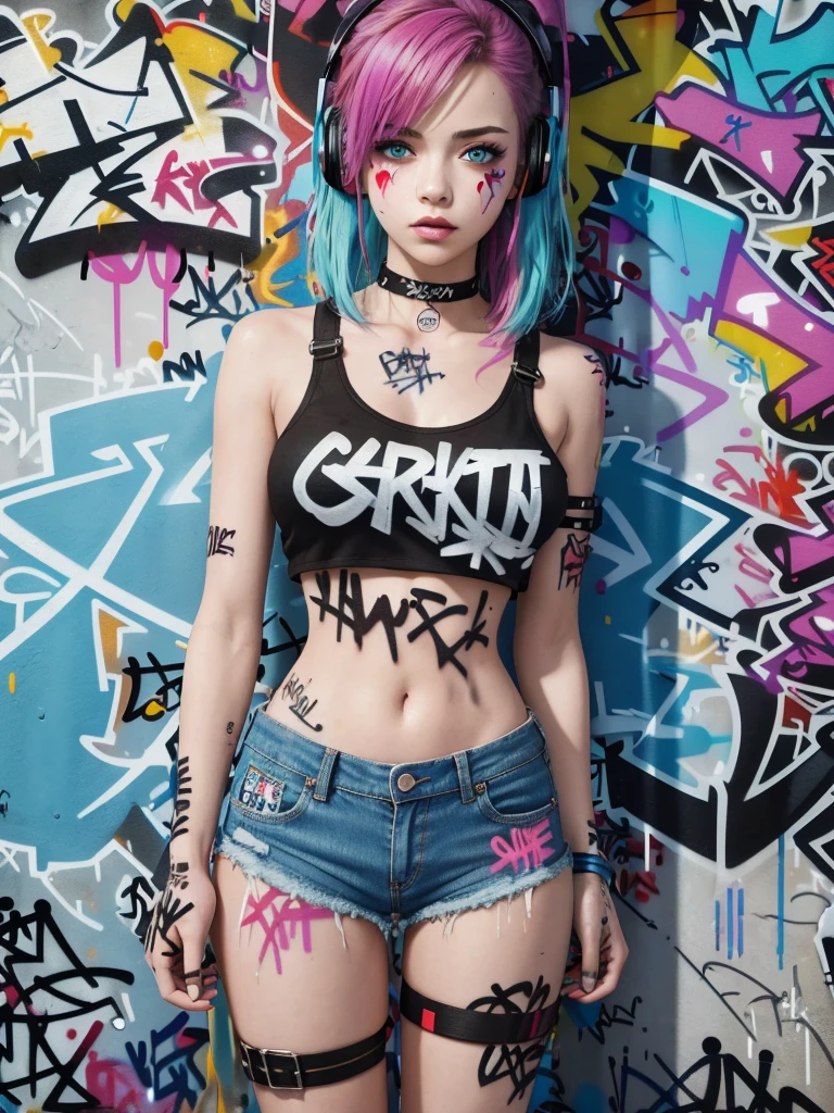 masterpiece, best quality, 1girl, solo, crop top, denim shorts, choker, (graffiti:1.5), paint splatter, arms behind back, against wall, looking at viewer, armband, thigh strap, paint on body, head tilt, bored, multicolored hair, aqua eyes, headset,