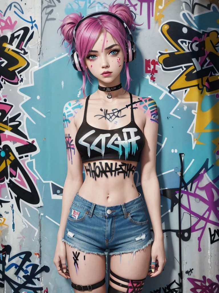 masterpiece, best quality, 1girl, solo, crop top, denim shorts, choker, (graffiti:1.5), paint splatter, arms behind back, against wall, looking at viewer, armband, thigh strap, paint on body, head tilt, bored, multicolored hair, aqua eyes, headset,