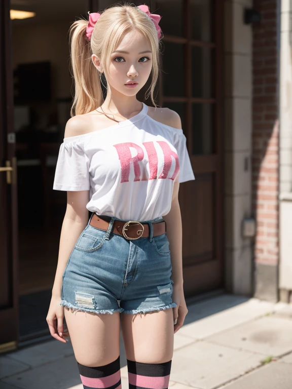 （8K、Raw photography、top-quality、​masterpiece：1.2),Bullish,Muchimuchi,Erotic,masterpiece,top-quality、超A high resolution,Raw photo,ren,Beautiful fece,One Person, 独奏,blonde_hair, blue eyes, twintails, very_long_hair, hair_ornament red, hair_scrunchie red, big_breasts,akizuki airi, blonde_hair, blue eyes, twintails, very_long_hair, hair_ornament red, hair_scrunchie red, big_breasts, white tshirt, bare_shoulders, blue jeans shorts, belt red, fullllbody,hi-school girl,is standing,（Photorealsitic：1.37）、Photon mapping,Realistic、Cute little face、Radio City、Physically Based Rendering、Foreground、depth of fields、Blurry background、a picture,The girls、Body,beauty legs, Long legs, Thin leg, beautiful woman wearing stripedsocks, ((black and pink striped) thigh high socks),