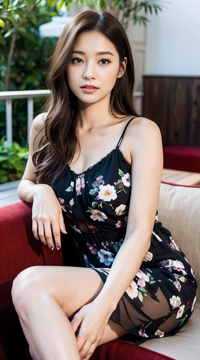 dark brown hair、Light brown eyes、The face of the Japan actress、 Lady、looks like him&#39;i&#39;i&#39;i&#39;i&#39;i&#39;i&#39;i&#39;i&#39;i&#39;i&#39;I&#39;m about 40 years old、(intricate-detail:1.2)、(top-quality:1.4)、 (超A high resolution:1.2)、超A high resolution、(A detailed eye)、(detailed facial features)、nffsw、8K resolution、D-cup size breasts、length hair、i&#39;i&#39;i&#39;i&#39;i&#39;i&#39;i&#39;i&#39;i&#39;I&#39;m sitting comfortably on a sofa on the quiet terrace of a cafe..、Relaxing、Leaning on the backrest、Black floral dress 、Soft chiffon flower print dress、