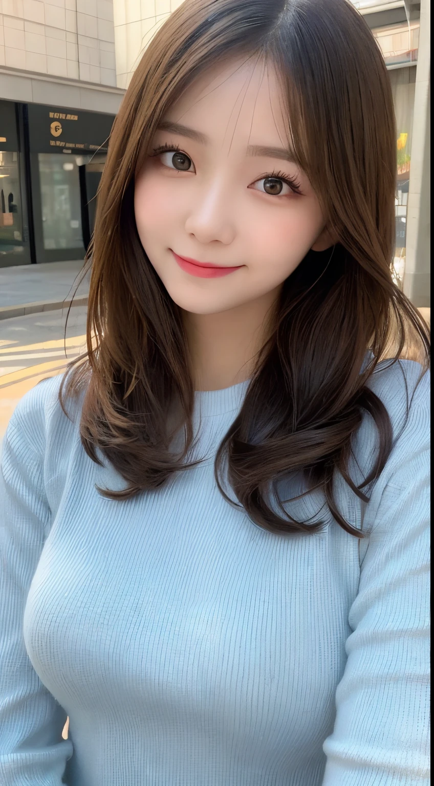 masutepiece, Best Quality, Illustration, Ultra-detailed, finely detail, hight resolution, 8K Wallpaper, Perfect dynamic composition, Beautiful detailed eyes, Long Sleeve Casual Dress,Medium Hair,small tits,Natural Color Lip, Bold sexy poses,Smile、20 years girl、Cute、Sexy shot looking at camera,Blur the background,beautifull detailed face,Take only the face