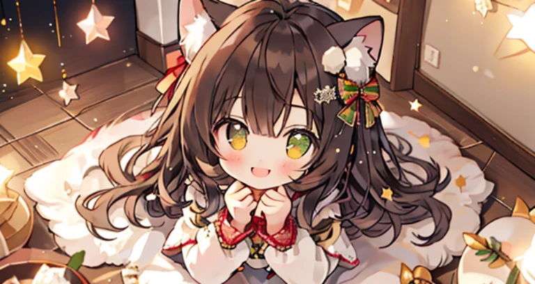 masterpiece, top-quality, 1girl in, The upper part of the body, sitting on, shorth hair, , A dark-haired, 、Fur dresses, ruffles from above、Christmas atmosphere、starry christmas tree、silver star、Golden Star、the kitten is at my feet、Warm、A smile、Christmas present、sparkling sprinkles