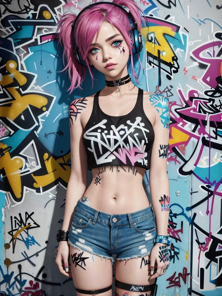 masterpiece, best quality, 1girl, solo, crop top, denim shorts, choker, (graffiti:1.5), paint splatter, arms behind back, against wall, looking at viewer, armband, thigh strap, paint on body, head tilt, bored, multicolored hair, aqua eyes, headset,
