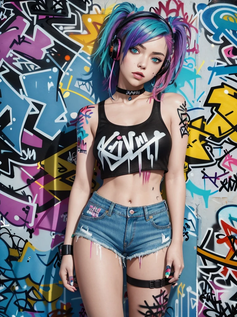 masterpiece, best quality, 1girl, solo, crop top, denim shorts, choker, (graffiti:1.5), paint splatter, arms behind back, against wall, looking at viewer, armband, thigh strap, paint on body, head tilt, bored, multicolored hair, aqua eyes, headset,