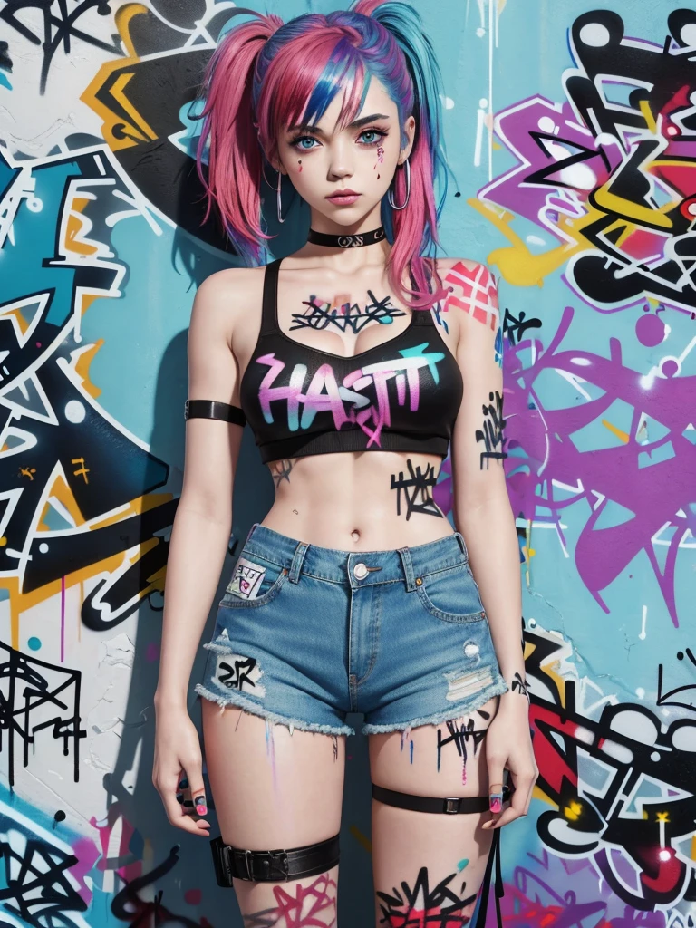 masterpiece, best quality, 1girl, solo, crop top, denim shorts, choker, (graffiti:1.5), paint splatter, arms behind back, against wall, looking at viewer, armband, thigh strap, paint on body, head tilt, bored, multicolored hair, aqua eyes, headset,