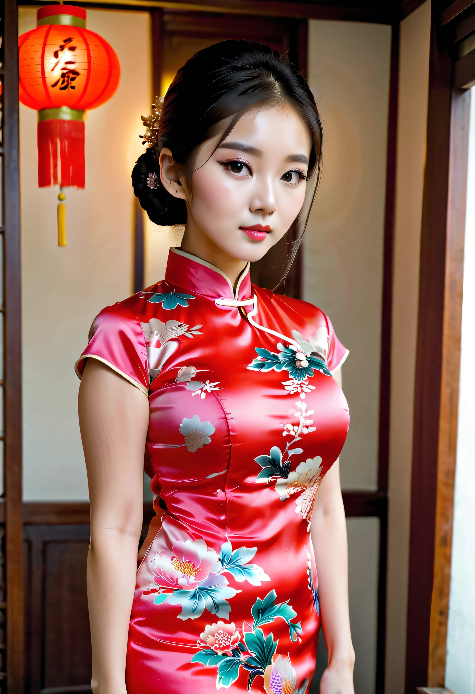 Beautiful Chinese 16 year old in tight silk qipao, large breasts,