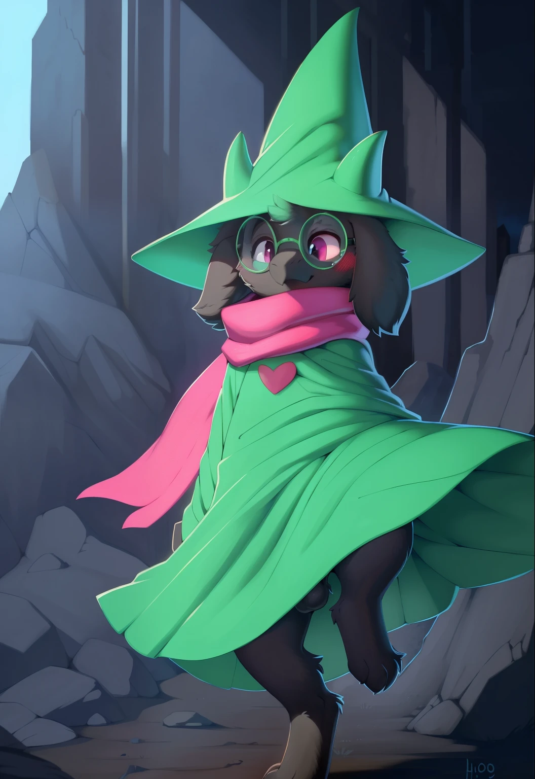 Solo anthro, outdoors, detailed background, blushing, (ralsei \(deltarune\), goat, white fur, pink horns, pink eyes, green glasses, green cloak, black sleeves, pink scarf, thick thighs, balls, sheath), ((standing, raised leg, exposing)), by hioshiru, by braeburned, by oxfort2199, by plattyneko, extremely detailed, detailed shading, soft shading, volumetric lighting, natural light