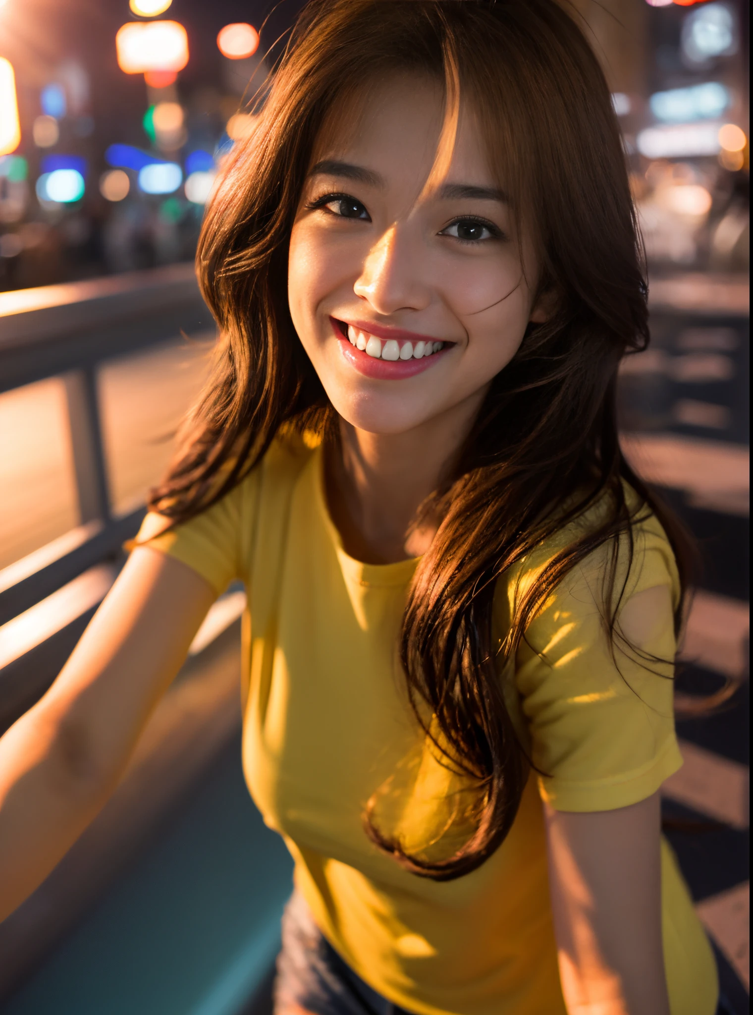 1girl in, Fisheye, Selfie, Wind, hair messy, Sunset, Cityscape, (Aesthetics and atmosphere:1.2),Beautiful woman smiling、8K、An ultra-high picture quality、japanes、1 woman around 20 years old、Beautie、kawaii faces、