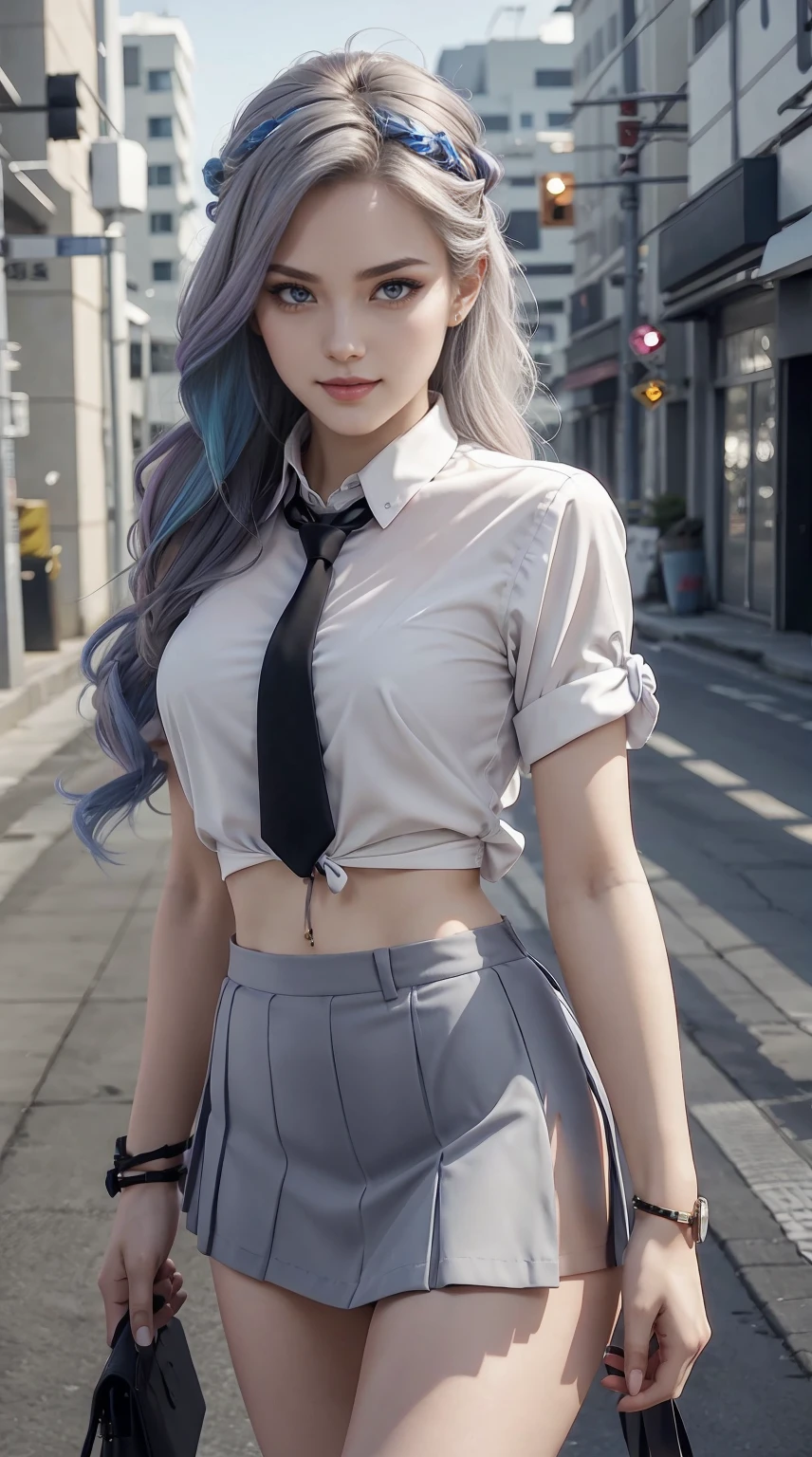 a 25yo woman、Hair color is a gradient color、Eye color is blue、Semi-long、hair is wavy、I&#39;m wearing eyeshadow and lipstick、I&#39;m wearing a headband、accessories on wrist、Slender but well-proportioned muscular body、wearing a tie front shirt、She&#39;s wearing a low-rise mini pleated skirt.、a smile、Looking at the camera、surrounded by high concrete walls