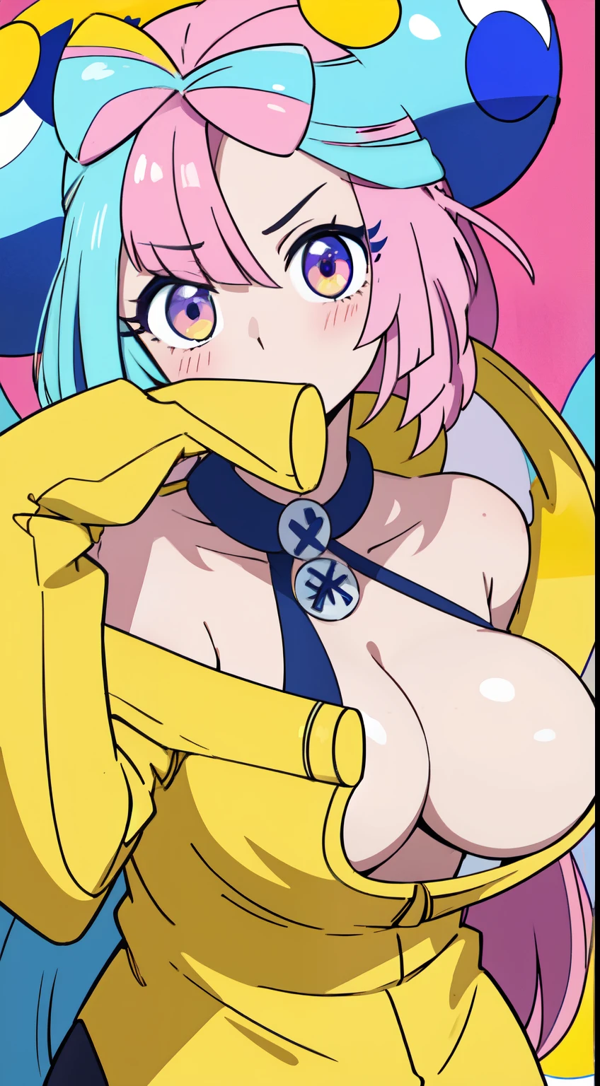 hight resolution, top-quality, ultra-quality, The ultra-detailliert, cleavage of the breast、涎、perspiring、full-face blush、facing front、NSFW、fullnude、dynamicposes、open one's legs、Yellow jacket、Chewing a stick