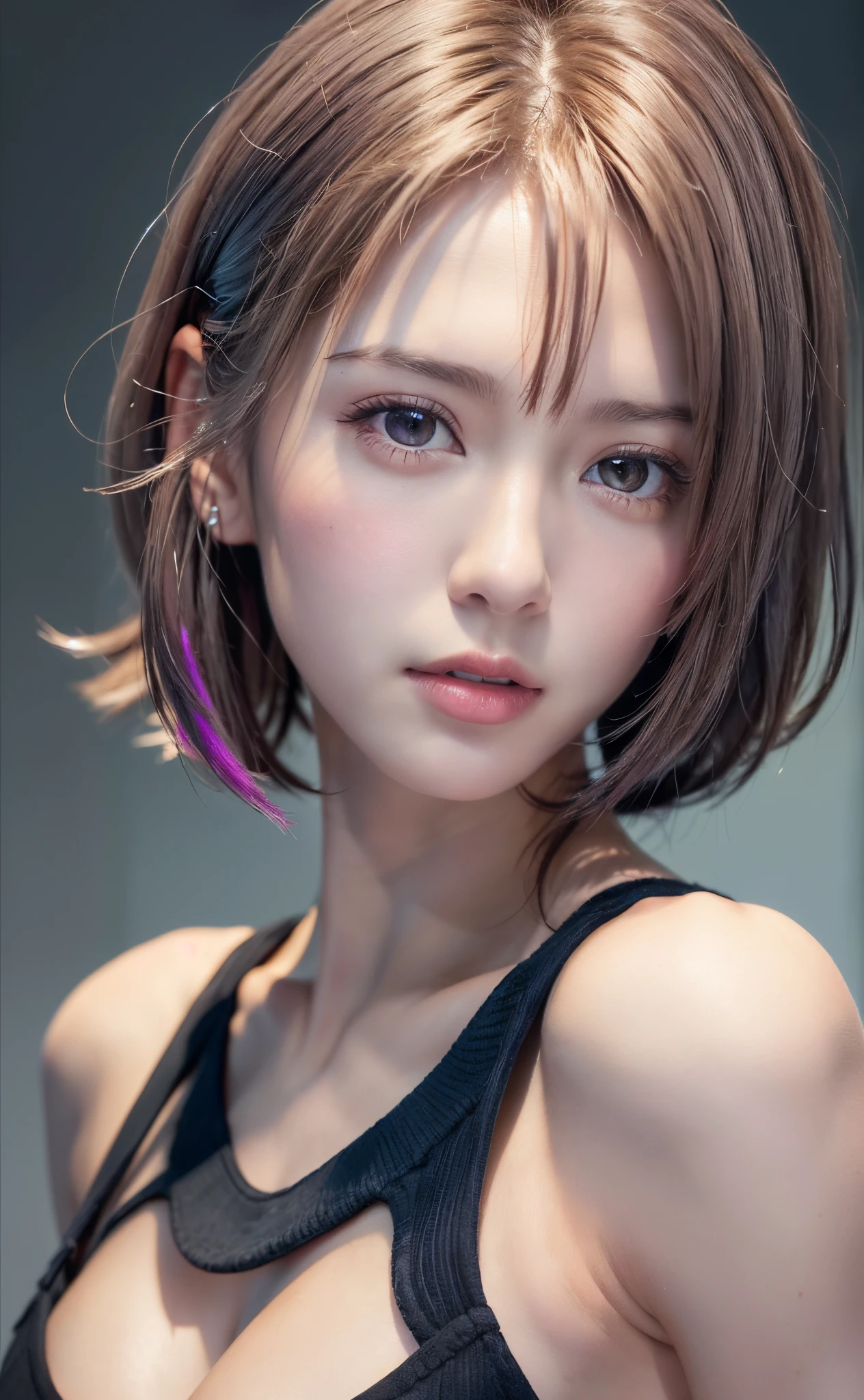 (8K, Photorealistic, Raw photo, of the highest quality: 1.3), (1girl in), Super beautiful, (Realistic face), (boyish, Silver Color Berry Shorthair), Beautiful , Glare that captivates the viewer, Beautiful expression, Beautiful breasts, (Realistic skin), Be...