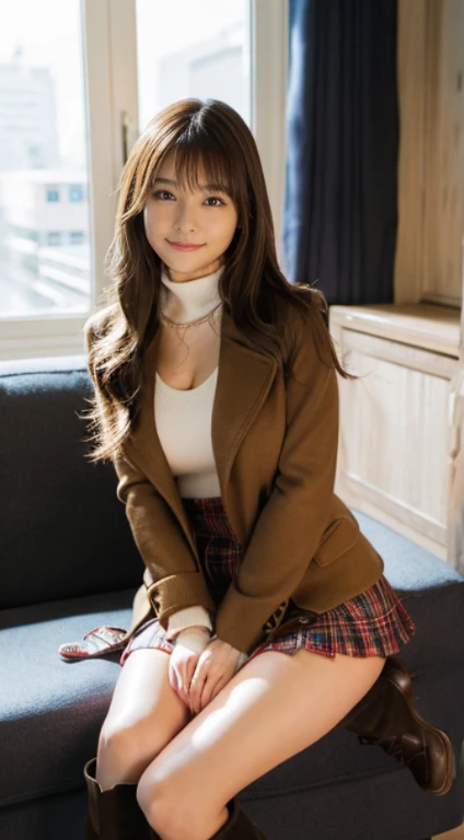 (Photorealistic), (ultra high realistic), (Ultra high definition), (ultra high detailed), (Increase contrast), (Increase saturation), (15yo girl), (light skinned)A pretty woman with perfect figure, Cute face, Beautiful expression, (Lifelike face), Beautiful hairstyle, Realistic eyes, beautiful detail, (real looking skin), Beautiful skins, enticing, The ultra -The high-definition, A hyper-realistic, Realistic, Very detailed, Japanese, semi long hair, bangss), (Cute idol with Japan walking in light brown wool coat and knee-high boots, Tartan check)((very short mini skirt))  Gentle smile, Brown hair, Stylish coffee shop、The cleavage is boldly visible、beutiful breast、thin-waist、Sitting on a low sofa、Angle up to the knee、sexy  pose