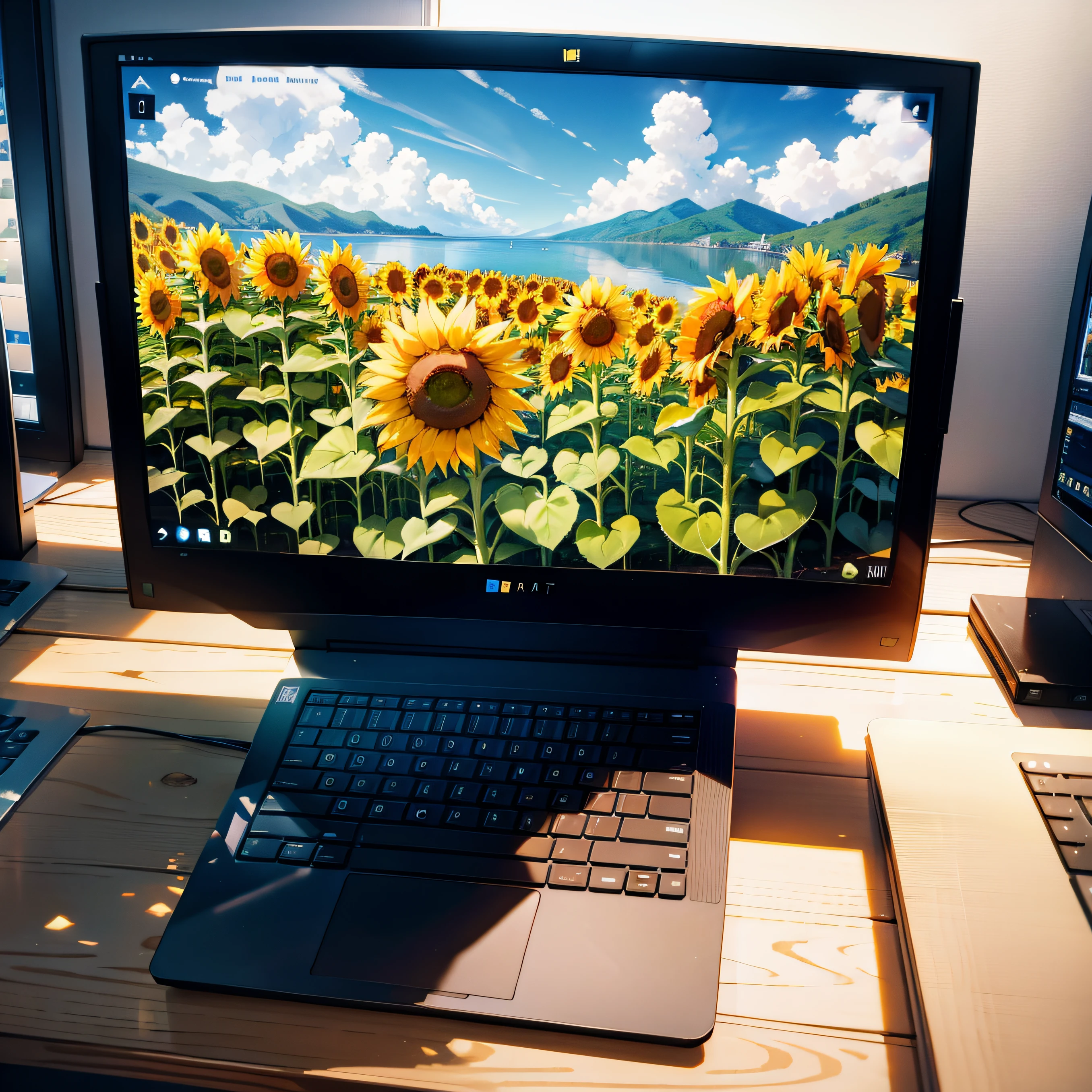 best composition、masutepiece、A sunflower photo generated by SeaArt is displayed in the browser on your laptop monitor.