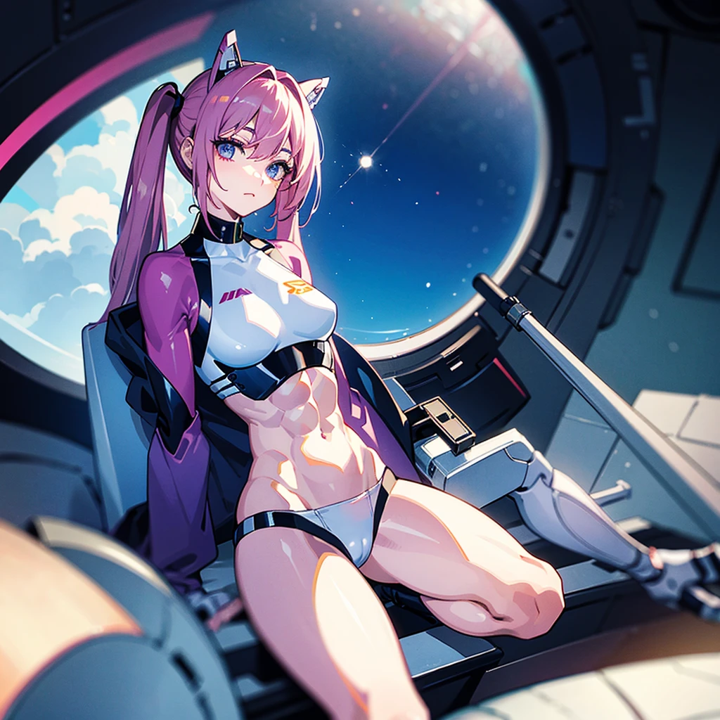 (((masterpiece)))、(((Top image quality)))、(((top-quality)))、((Illustration of one adult))、full bodyesbian、((25-years old))、((25-years old))、(((The face is a woman、The body is a man)))、(((Twintails with pink hair)))、Light gray eyes、((Tall))、((Flat))、((Muscular strong man's body))、((Muscular strong man's body))、(((solid chest)))、((muscular chest plate))、abdominals、((muscular and thick arms))、((muscular and thick legs))、((manspreading))、(((White pilot suit)))、((Sitting in the cockpit))、(The Universe on the Monitor、Earth seen from space、Spaceport)