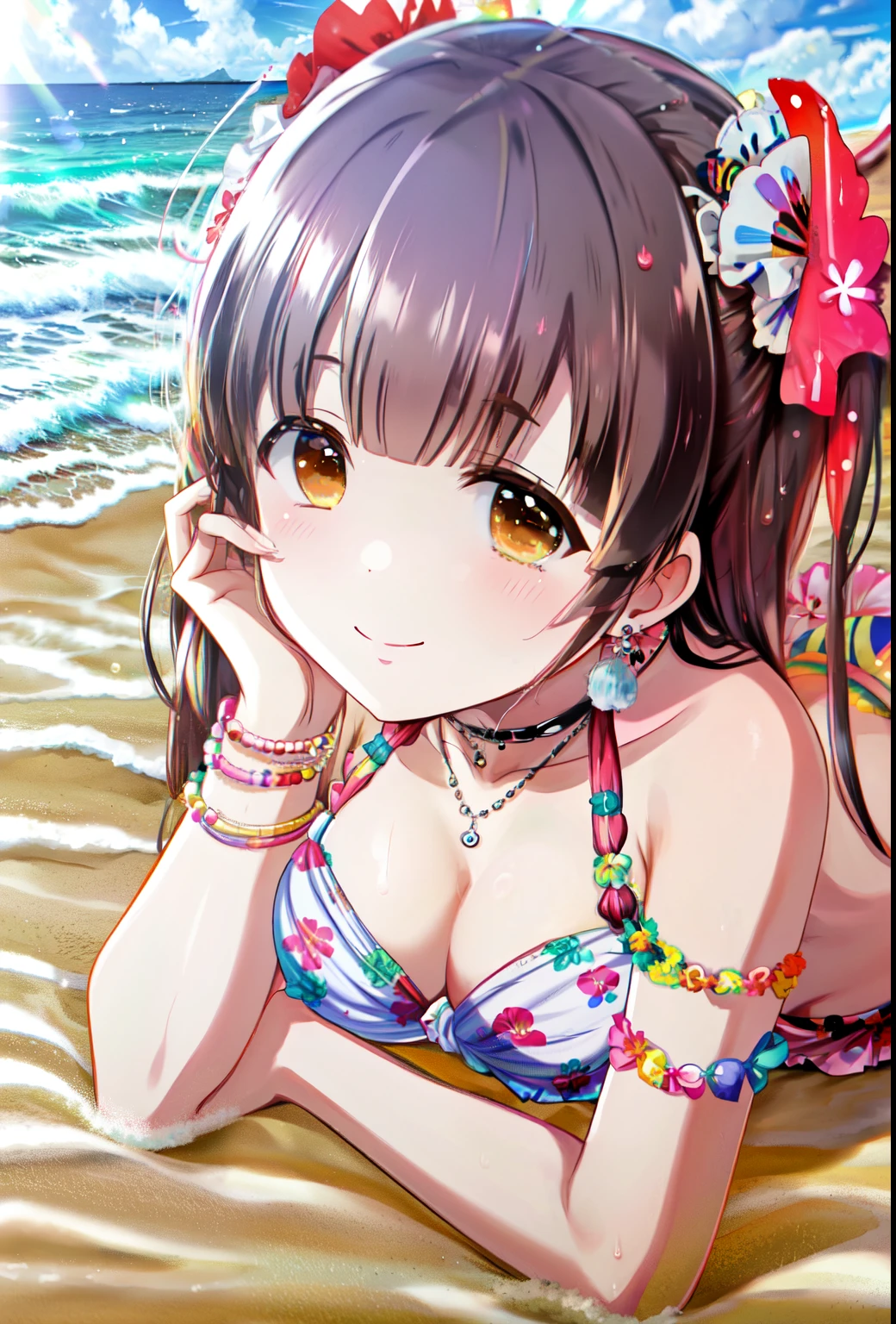 high quality, best quality, masterpiece, absurdres, suzumura yu, bikini, 1girl, solo, beach, smile, blush, looking_at_viewer, lying, on_stomach