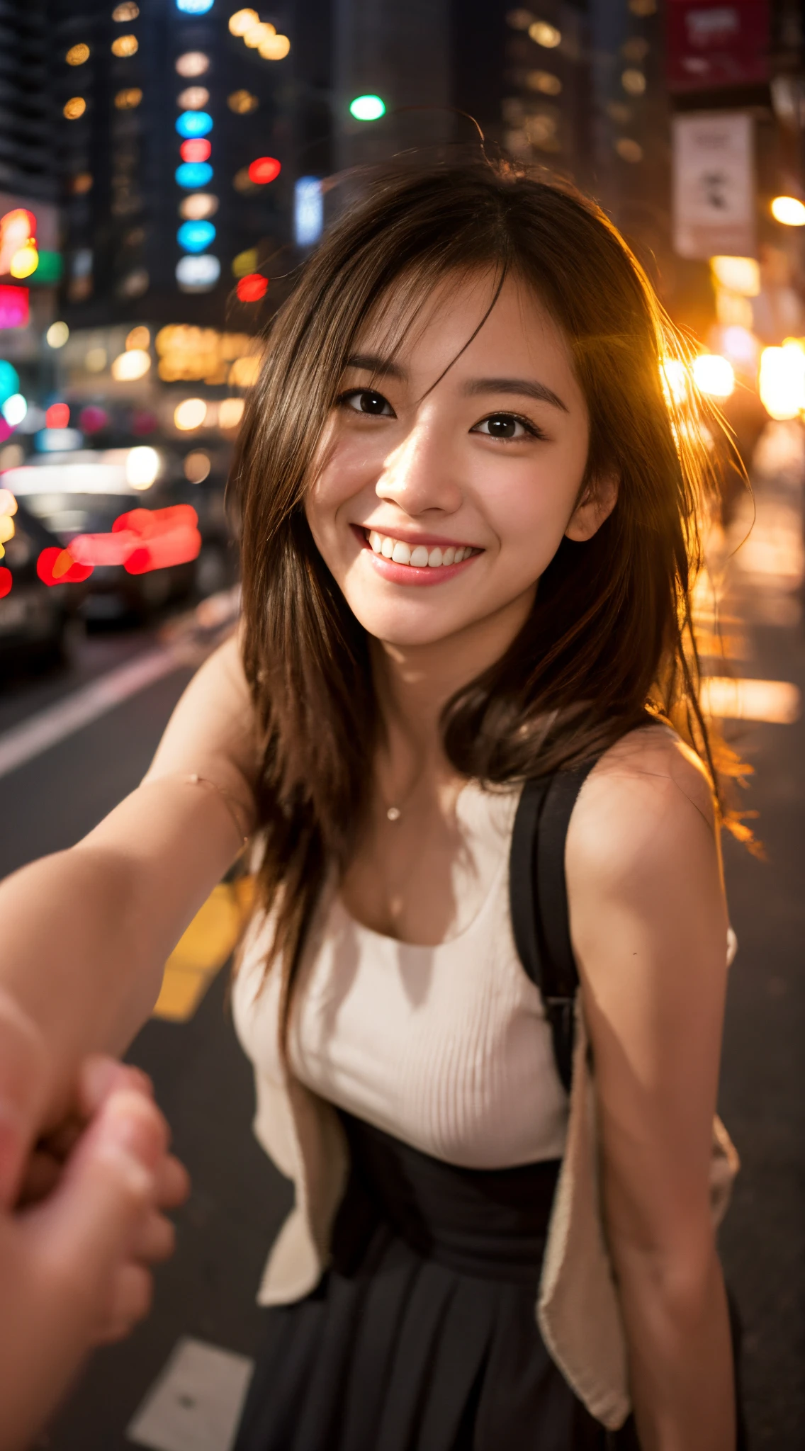 1girl in, Fisheye, Selfie, Wind, hair messy, Sunset, Cityscape, (Aesthetics and atmosphere:1.2),Beautiful woman smiling、8K、An ultra-high picture quality、japanes、1 woman around 20 years old、Beautie、kawaii faces、Beautiful woman with well-formed eyes and nose、
