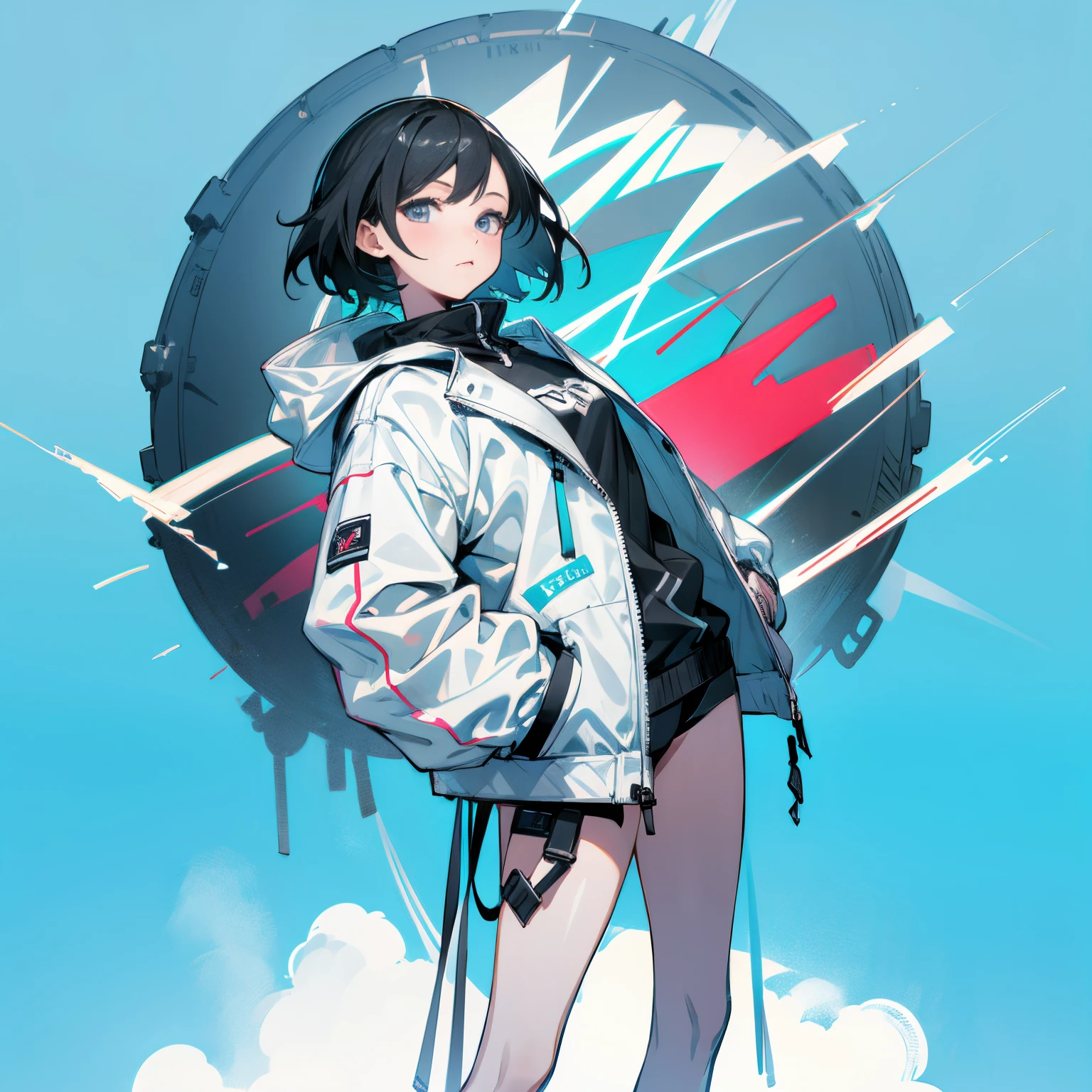 (masutepiece:1.2, Best Quality), [1 girl in, expressioness, Turquoise eyes,jet-black hair, Half shorthair,White jacket,Take off your jacket, ] (Gray white background:1.3),