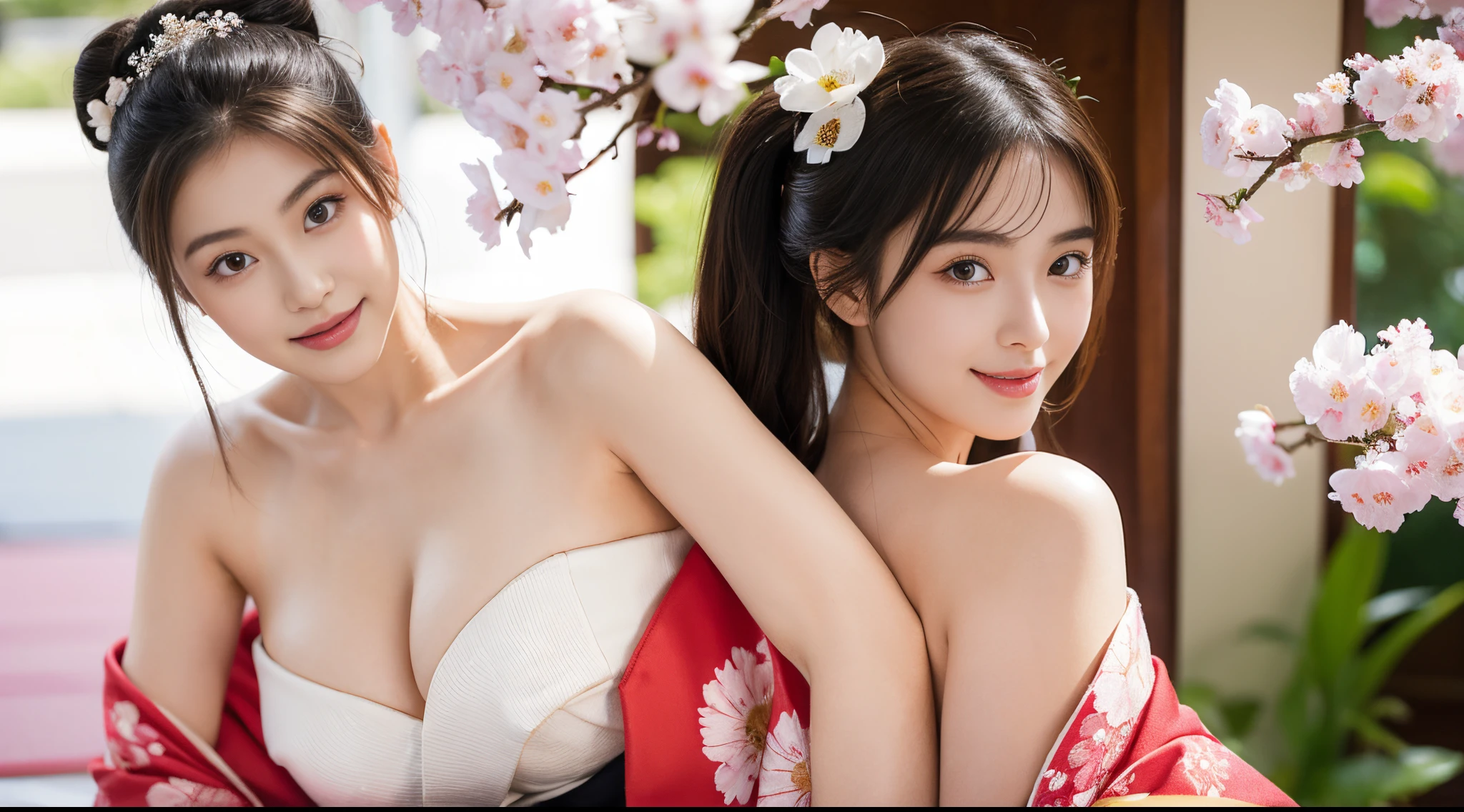 (Mastrepeace:1.2,Best Quality,ultra-detailliert) sexy kimono, Bare shoulder, Bare legs, Open V chest clothes, sexy cute beautiful detailed face, 1girl in, The face of the Japan idol, NSFW, The cherry tree, flower eating hairstyle、A smile, Nice teeth, Sexy Pose, Colossal tits、 girl、花魁、花魁、Kimono、Flower qui hairstyle