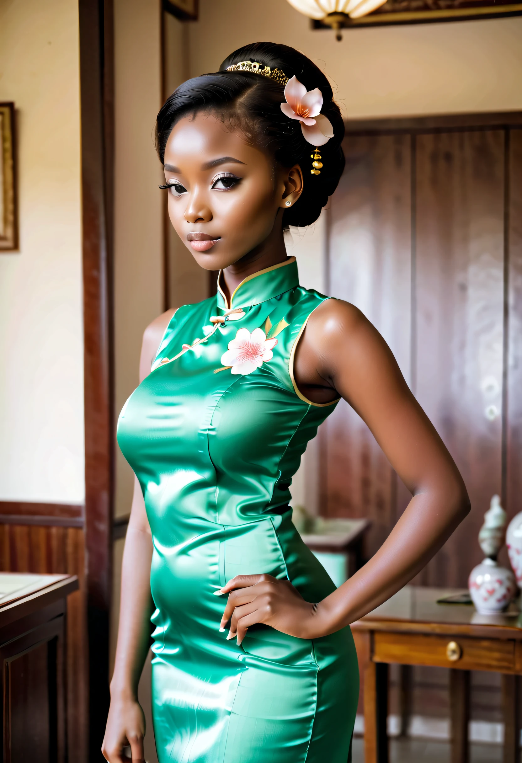 Beautiful african 16 year old in tight silk qipao, large breasts,